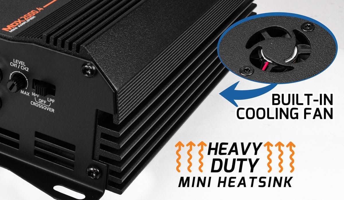 PRV Audio MDX2000.4 2 Ohm Mini 4 Channel Car Audio Amplifier 4 x 500 Watts RMS at 2 Ohm - 2000 Watt 12 Volts Bridgeable Amp for Powersports, Motorcycles, ATV, for High Power Stereo Speaker Systems