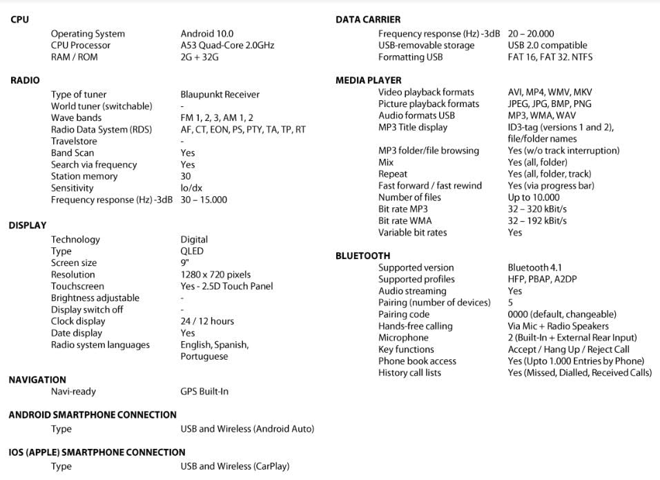 BLAUPUNKT CALI900 Car Multimedia 9-inch QLED 2.5D Touch Screen Panel Quad Core 2.0G Processor Supports Apple CarPlay Android Built-in WiFi Bluetooth DAB+ & Navigation Capabilities