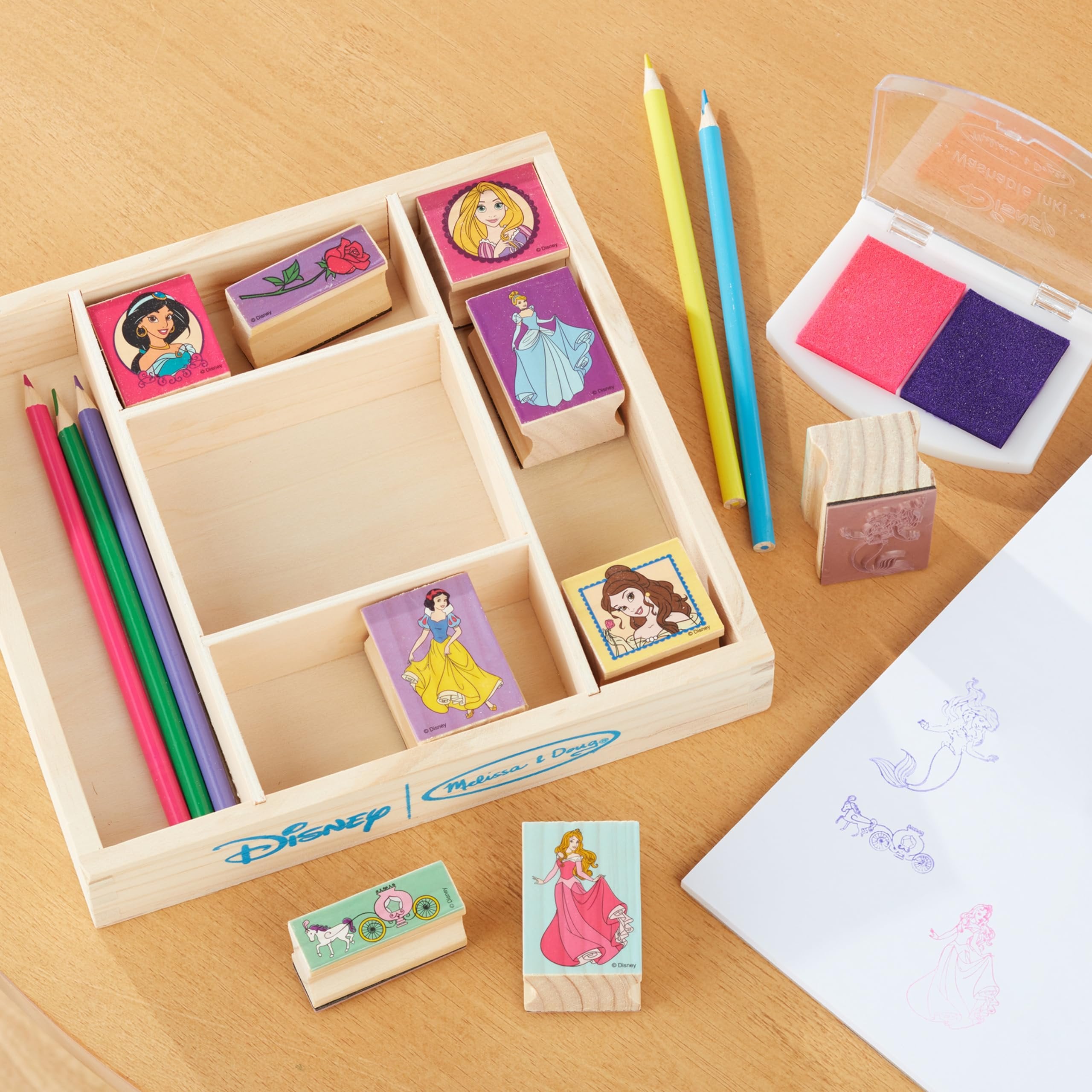 Melissa & Doug Disney Princess Wooden Stamp Set: 9 Stamps, 5 Colored Pencils, and 2-Color Stamp Pad