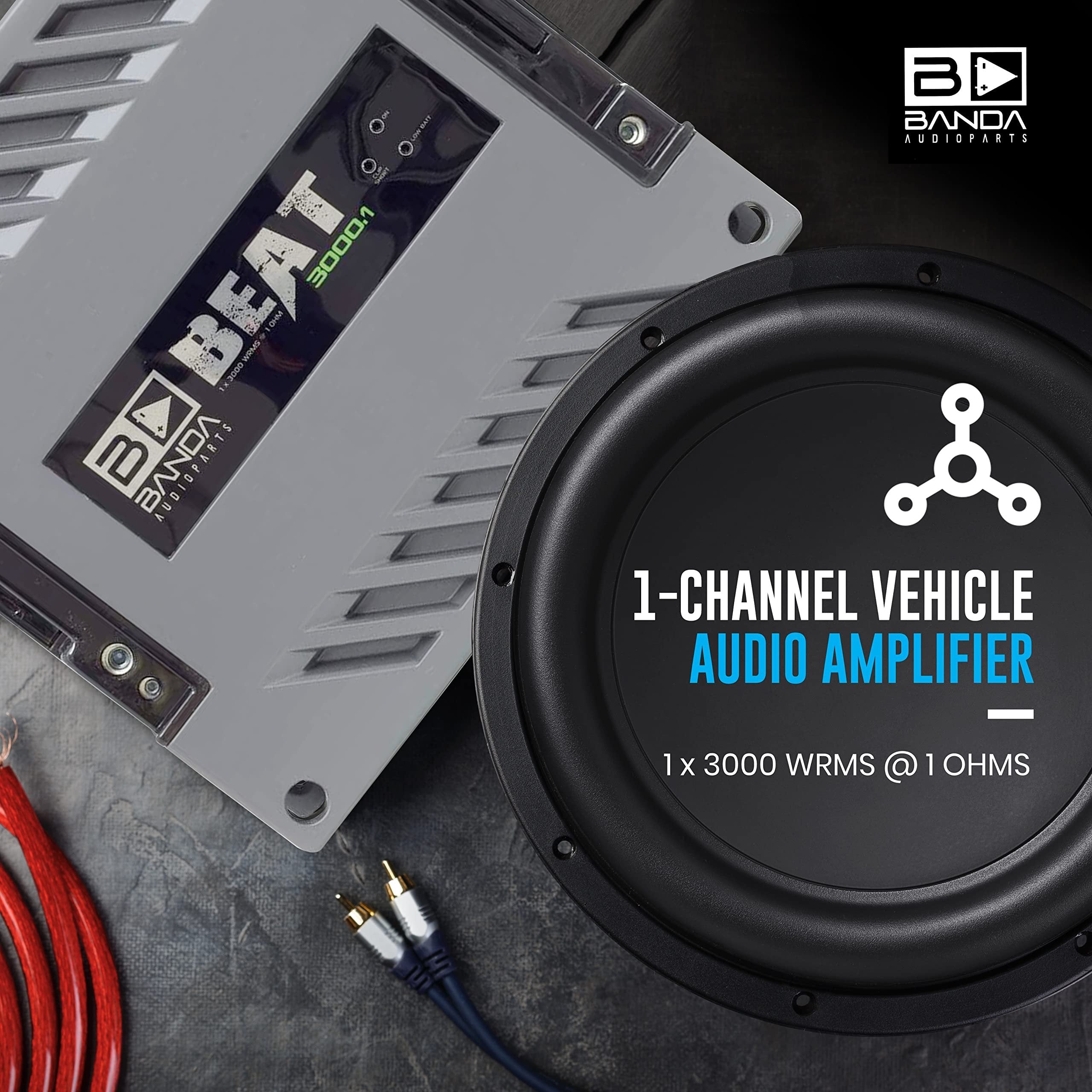 Banda 1-Channel Vehicle Audio Amplifier - 3000 Watts High-Powered Mono Bass Amplifier w/Subsonic Filter and Low Pass Filter Stable at 1 ohm, LED Indicators, Sound Specialization - BANDA BEAT3001