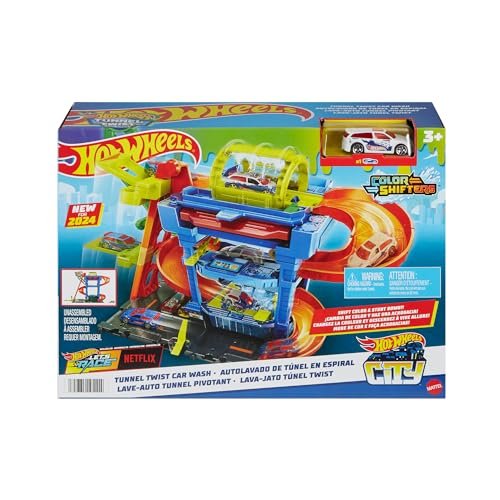 Hot Wheels Let's Race Netflix City Toy Car Track Set, Colour Changing Tunnel Car Wash with 1 Colour Changing Vehicle in 1:64 Scale HTN80