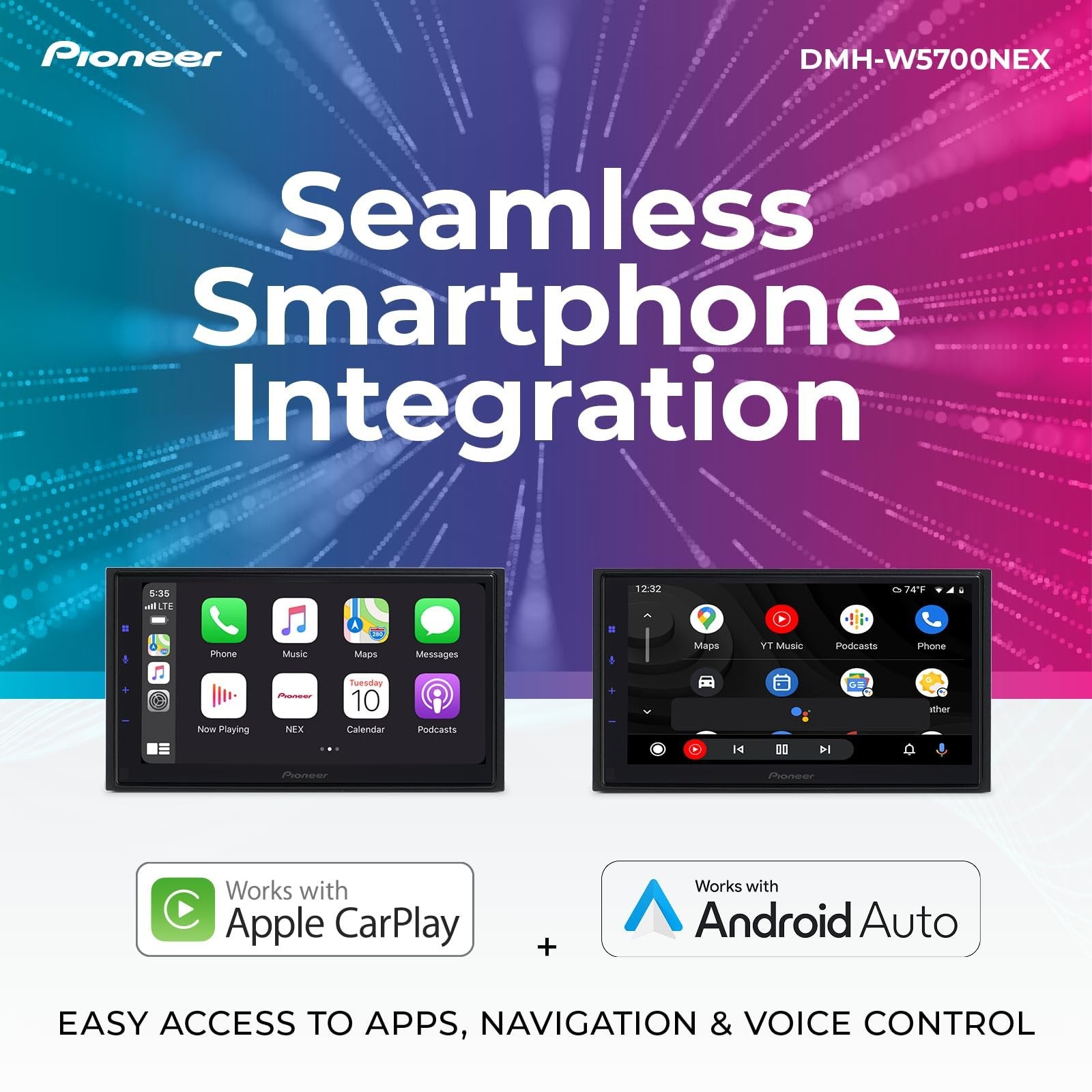 Pioneer DMH-WC5700NEX 6.8” Multimedia Digital Media Receiver with Wireless Apple CarPlay and Android Auto, Built-In Bluetooth, WiFi and Amazon Alexa, Modular Design, Capacitive Touchscreen