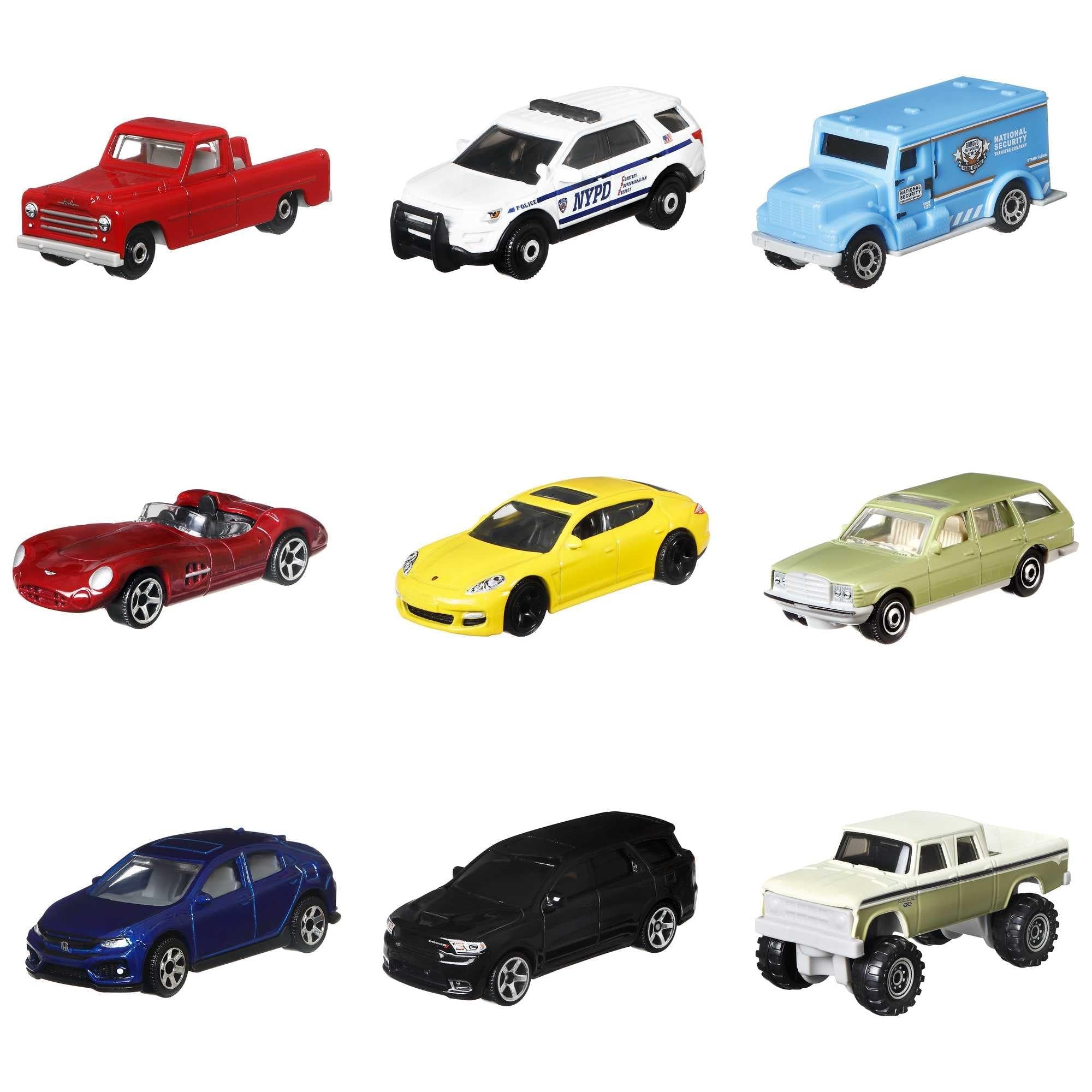 Matchbox Cars, 9-Pack Die-Cast 1:64 Scale Toy Cars, Construction or Garbage Trucks, Rescue Vehicles or Planes (Styles May Vary).