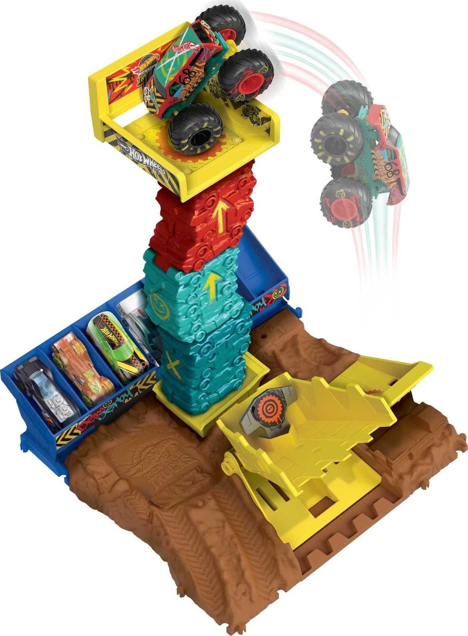 Hot Wheels Monster Trucks Playset & Toy Truck, Arena Smashers Demo Derby Car Jump Challenge, 1:64 Scale Demo Derby & 2 Crushable Cars
