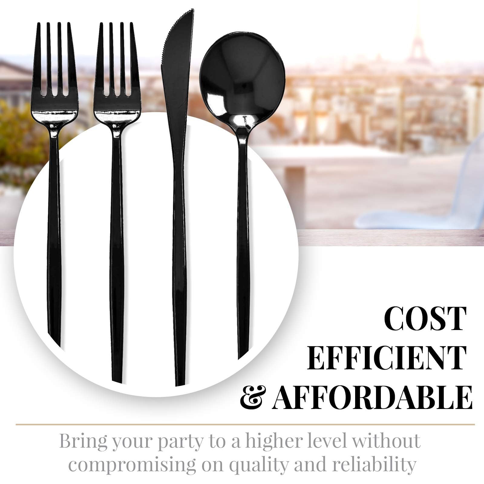 SILVER SPOONS Black Disposable Flatware (80 PC) Heavy Duty Plastic Silverware Set, Includes: 40 Salad Forks, 20 Soup Spoons and 20 Dinner Knives, Disposable Silverware for Celebrations & Events