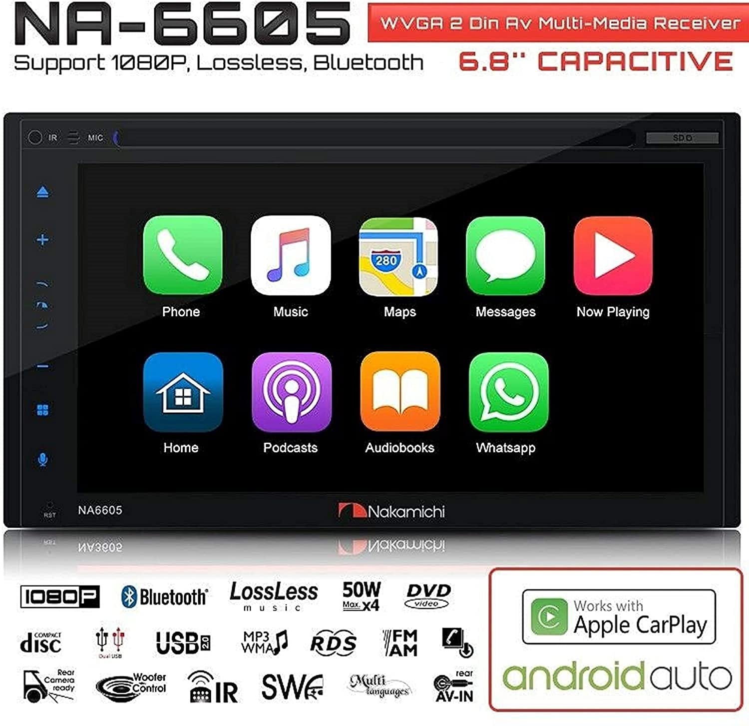 NAKAMICHI NA6605 Double-Din In-Dash 6.8" WVGA Display Apple Car Play & Andriod Auto Multimedia CD DVD USB MP3 Bluetooth Spotify & Pandora Car Stereo Receiver
