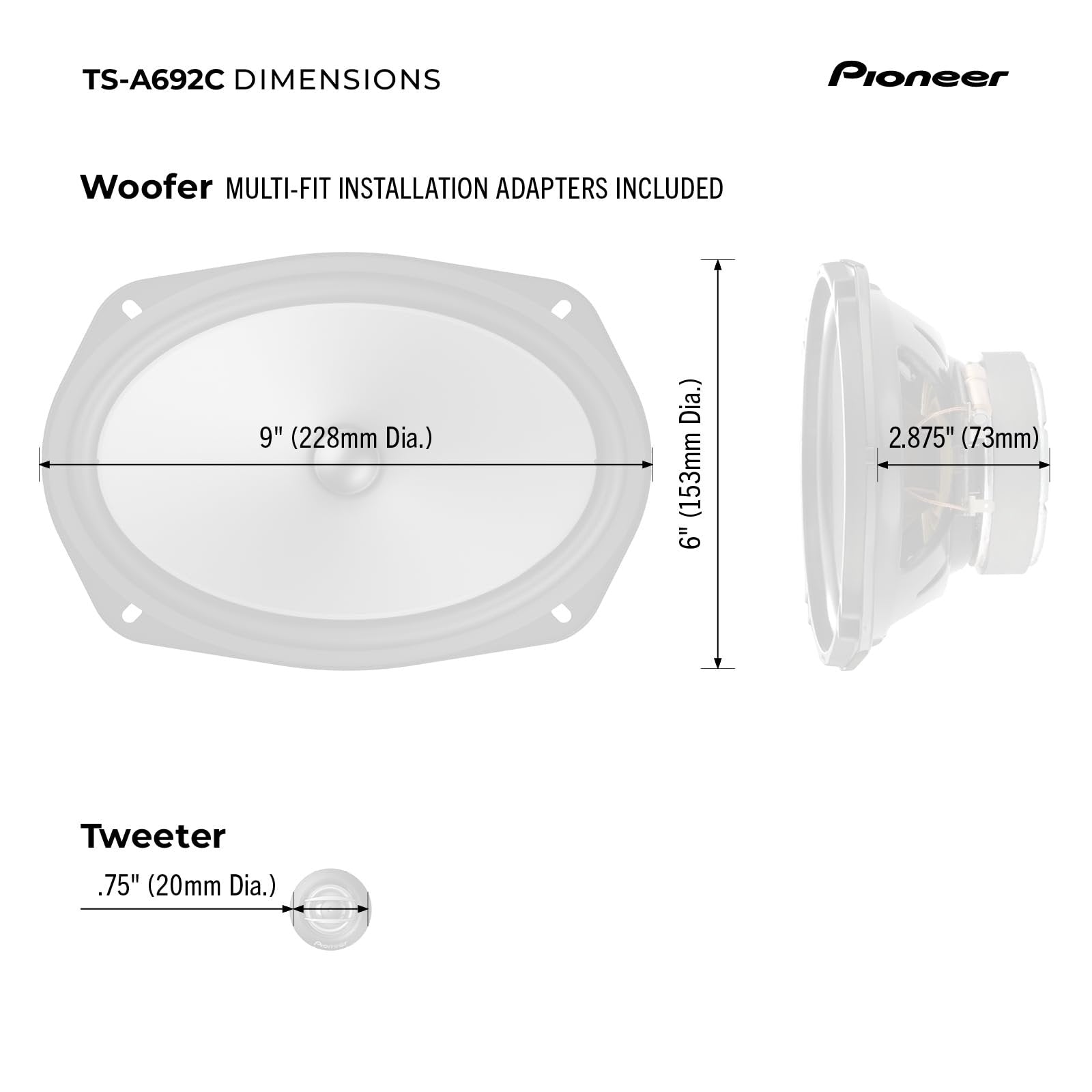 Pioneer TS-A692C A Series 6" x 9" 450 W Max Power, Carbon/Mica-Reinforced IMPP Cone, 20mm PI Tweeter - Component Speakers (Pair)