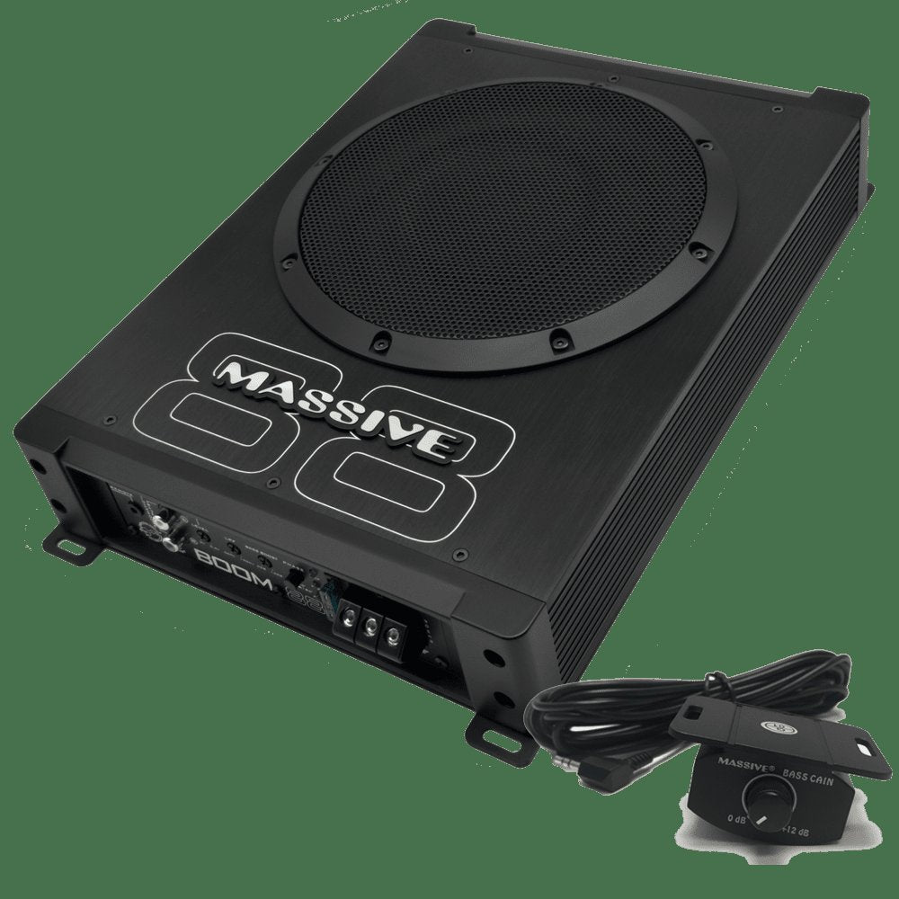 Massive Audio Boom88 - Car Powered Subwoofer, Under Seat Slim Hideaway, Low Profile Compact 8" Woofer with Built in Amplifier, 400 Watts, Gain Remote Included