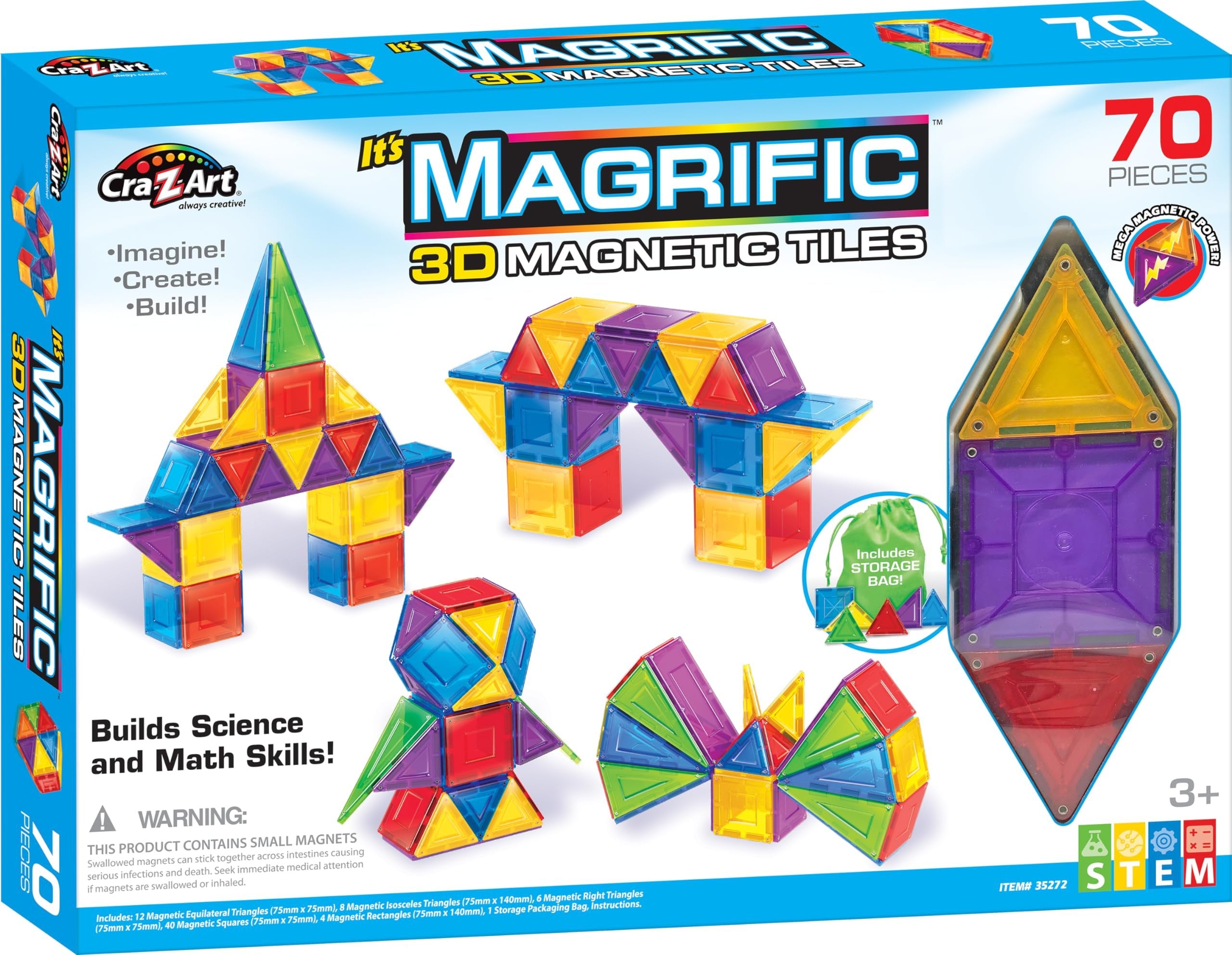 Cra-Z-Art Magrific 3D Magnetic Tile 70 Piece Set - Colorful Magnet Building Tiles with 3D Geometric Shapes - STEM Skills for Ages 3 and Up