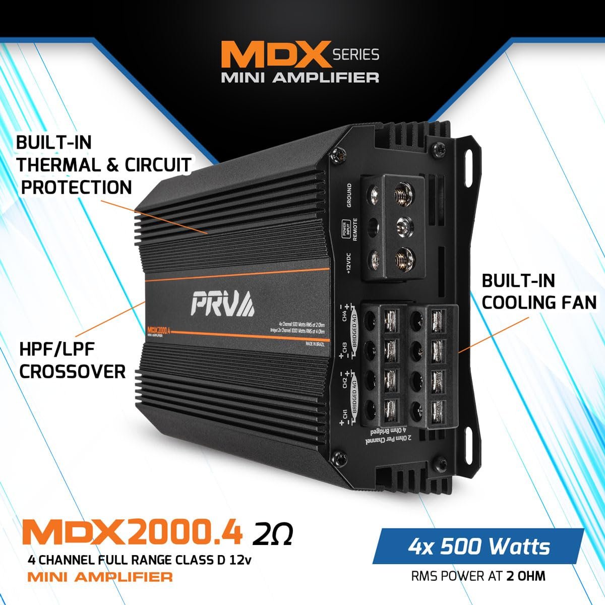 PRV Audio MDX2000.4 2 Ohm Mini 4 Channel Car Audio Amplifier 4 x 500 Watts RMS at 2 Ohm - 2000 Watt 12 Volts Bridgeable Amp for Powersports, Motorcycles, ATV, for High Power Stereo Speaker Systems