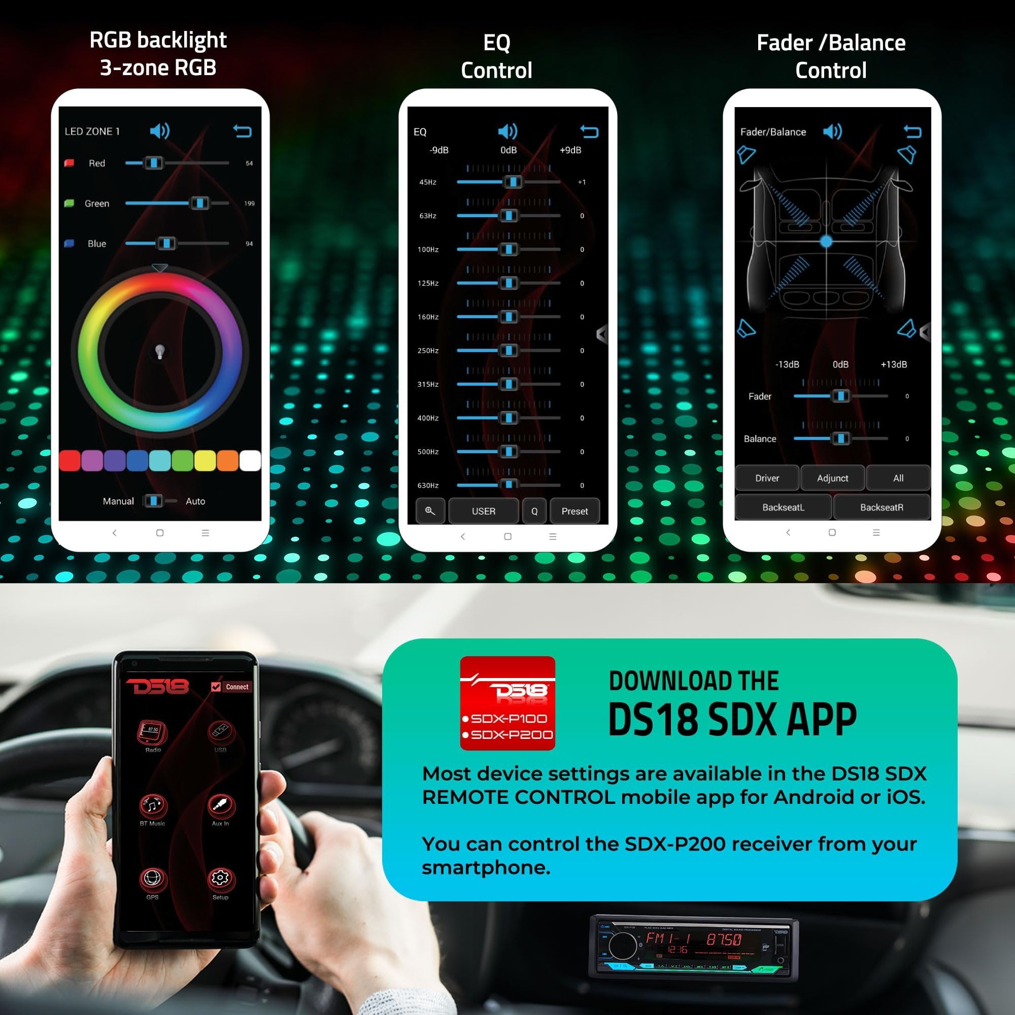 DS18 SDX-P200 Digital Media Receiver Single Din, Car Stereo Radio DSP, High Power 4 x 60 Watts, APP, Bluetooth Audio and Calling, Aux Input, USB, Mechless, AM/FM, 3V + 3.5V Subwoofer