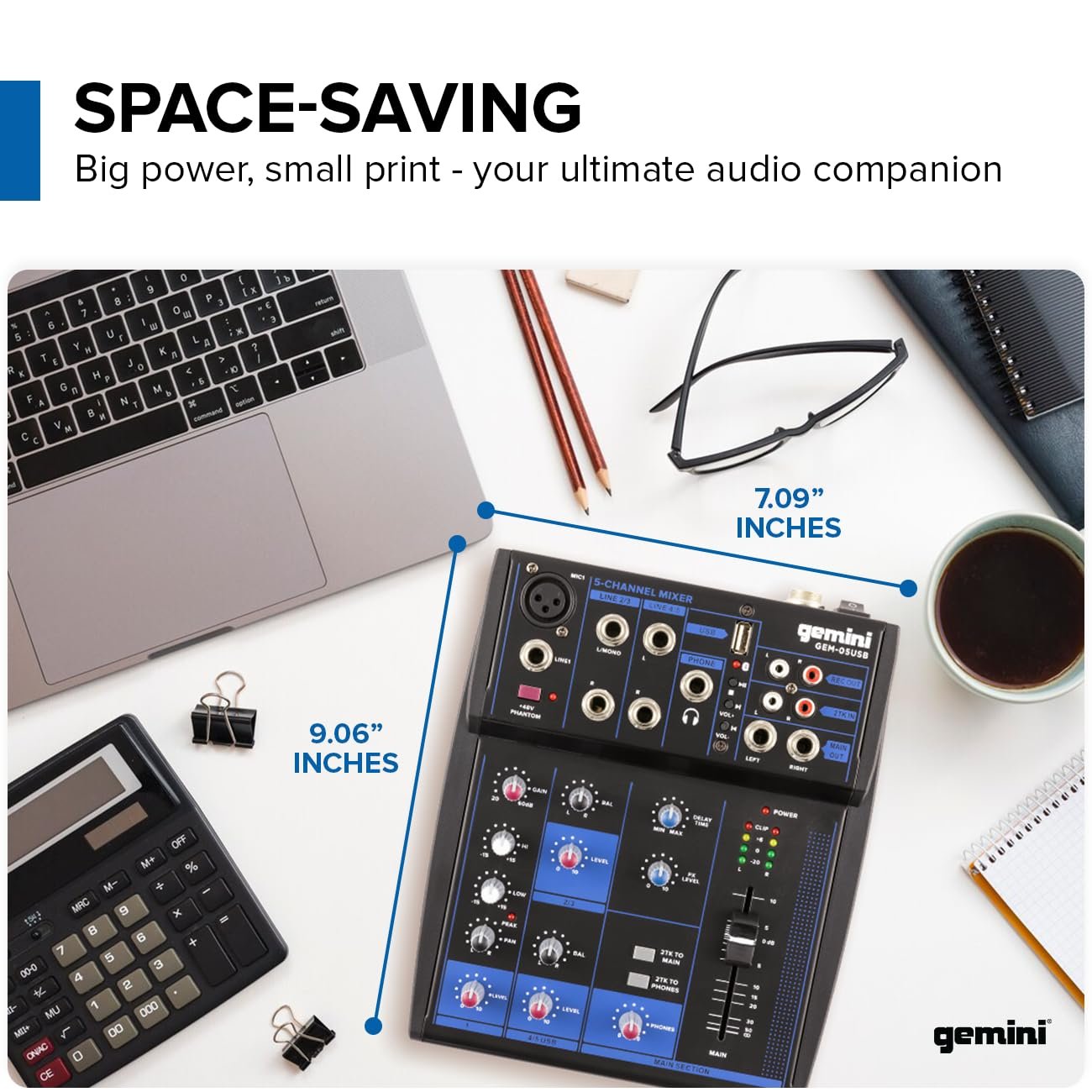Gemini Sound GEM-05USB - 5-Channel Bluetooth Audio Mixer, USB Playback, Compact DJ Mixer Console with Phantom Power, 2-Band EQ, and FX Control