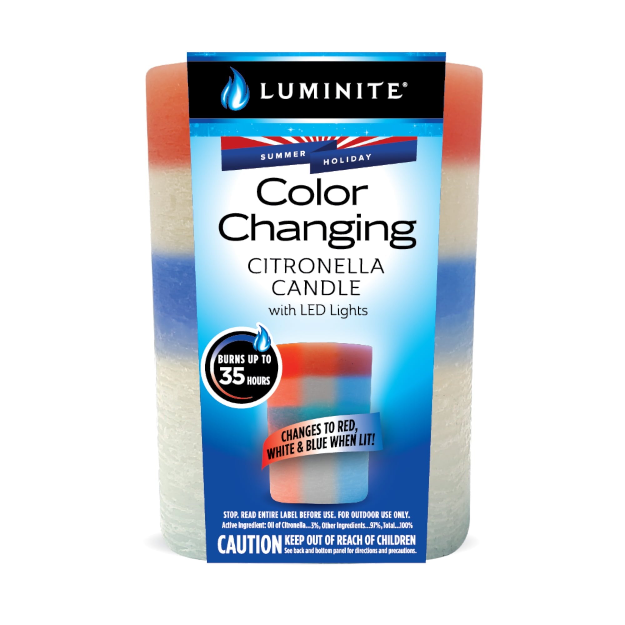 Luminite Red, White, and Blue Color Changing Citronella Candle Pillar with LED Lights