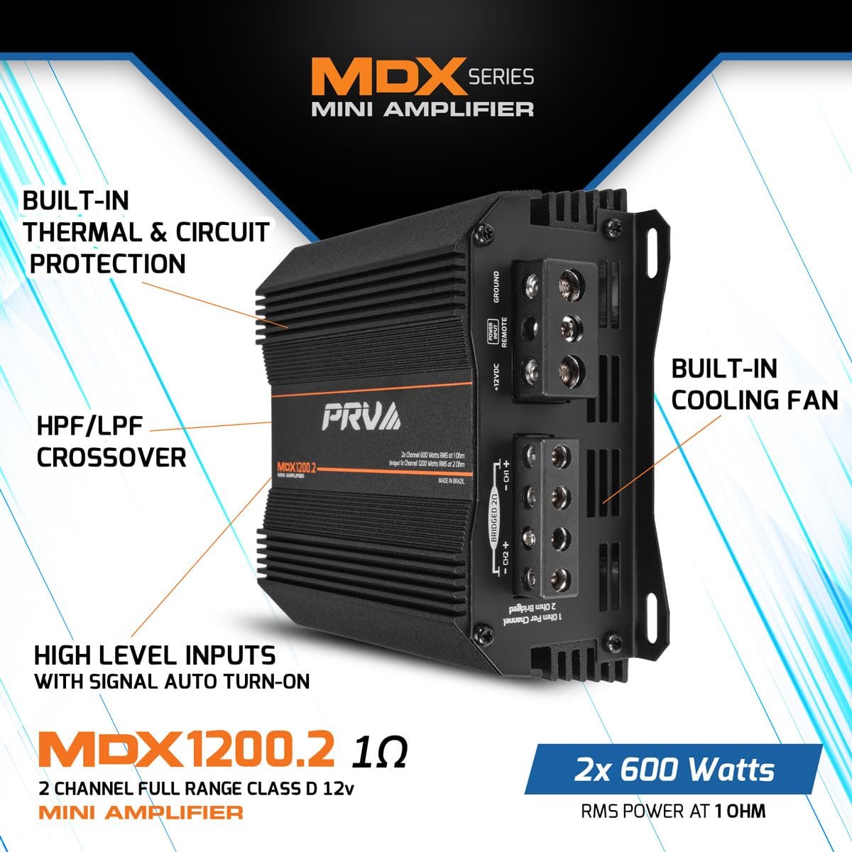 PRV Audio MDX1200.2 1 Ohm Mini 2 Channel Car Audio Amplifier 2X 600 Watts RMS at 1 Ohm - Bridged 1CH 1200 Watt at 2 Ohm for Powersports, Motorcycles, ATV, for High Power Stereo Speaker Systems