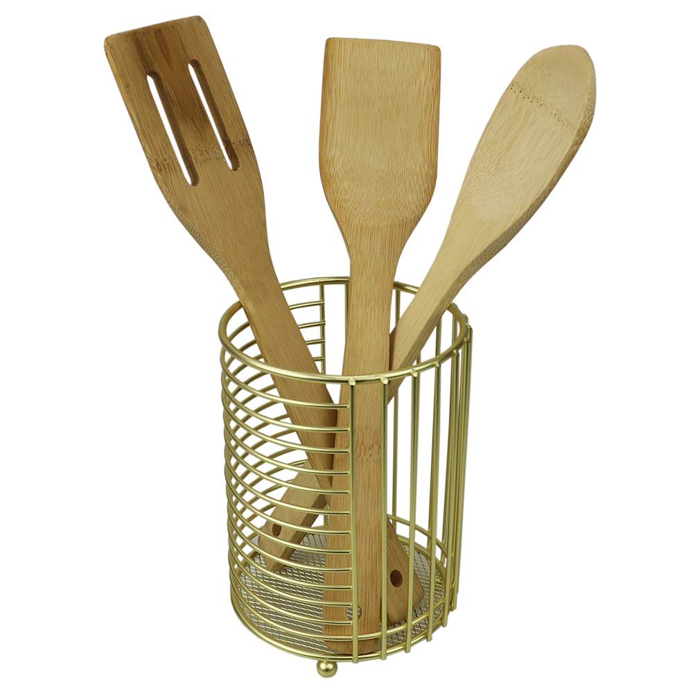 Home Basics Halo Steel Cutlery Holder with Mesh Bottom and Non-Skid Feet, 4.5" x 4.5" x 6.25", Gold