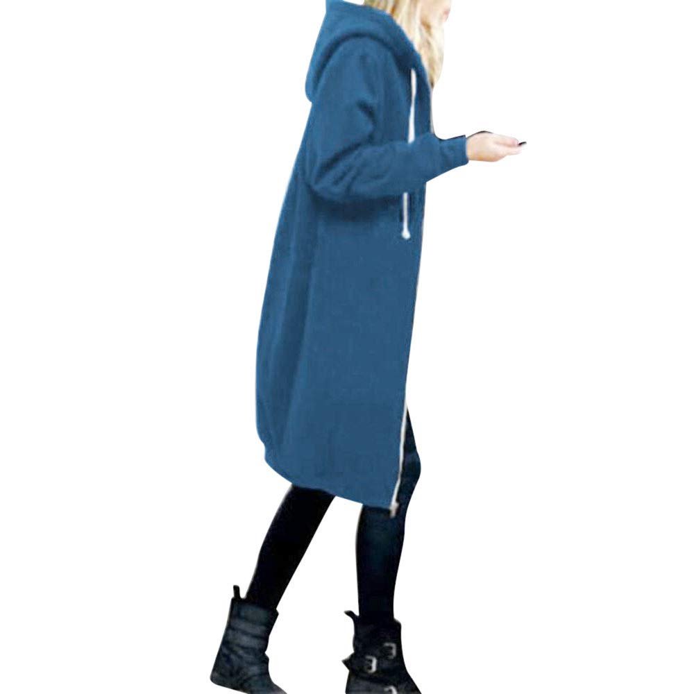 Women's Warm Plus Size Zipper Open Hoodies Sweatshirt Long Coat Jacket Tops Outwear S~5XL Blue