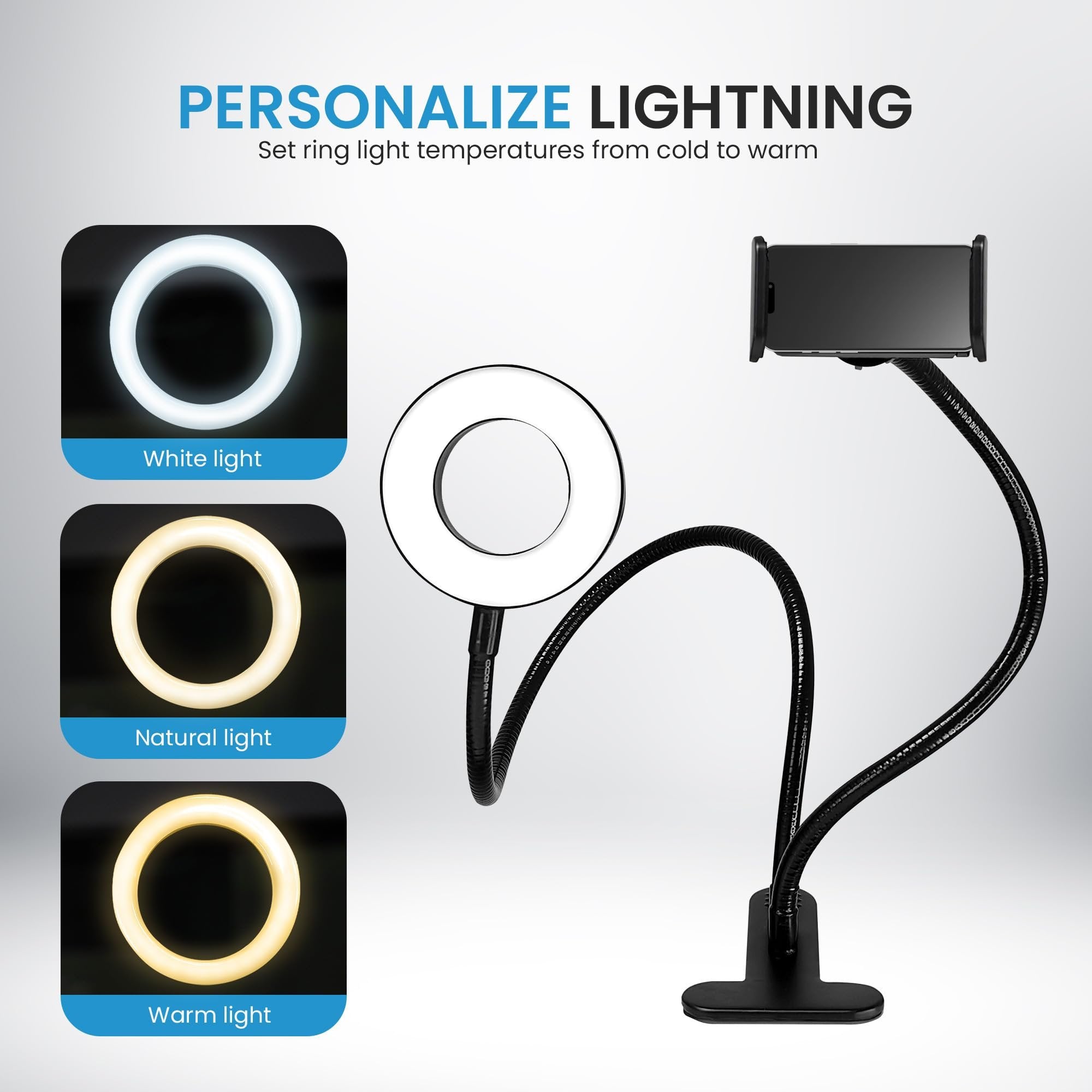 iDance LED Ring Light with Cell Phone Clip Stand Holder, 3.5", Grip Flexible Long Arm Gooseneck Bracket Mount Clamp with Bluetooth Remote Control for Desk, Bed, Compatible with iPhone and Smartphone