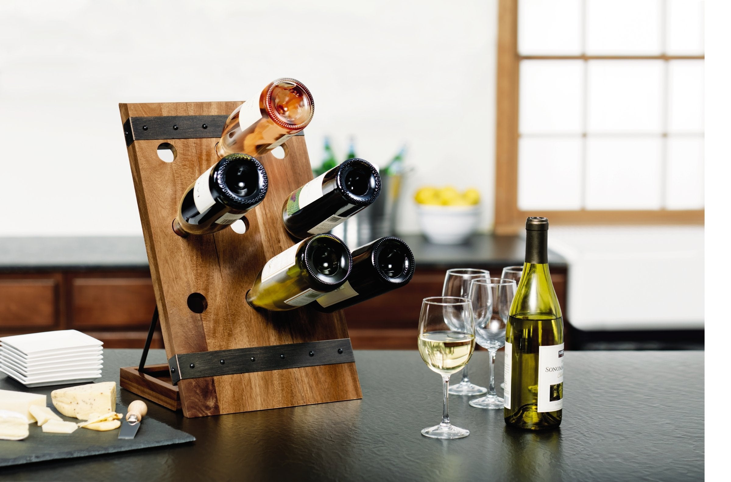 Gourmet Basics by Mikasa Monterey Monteray 9 Bottle Acacia Wood Wine Rack with Black Wire