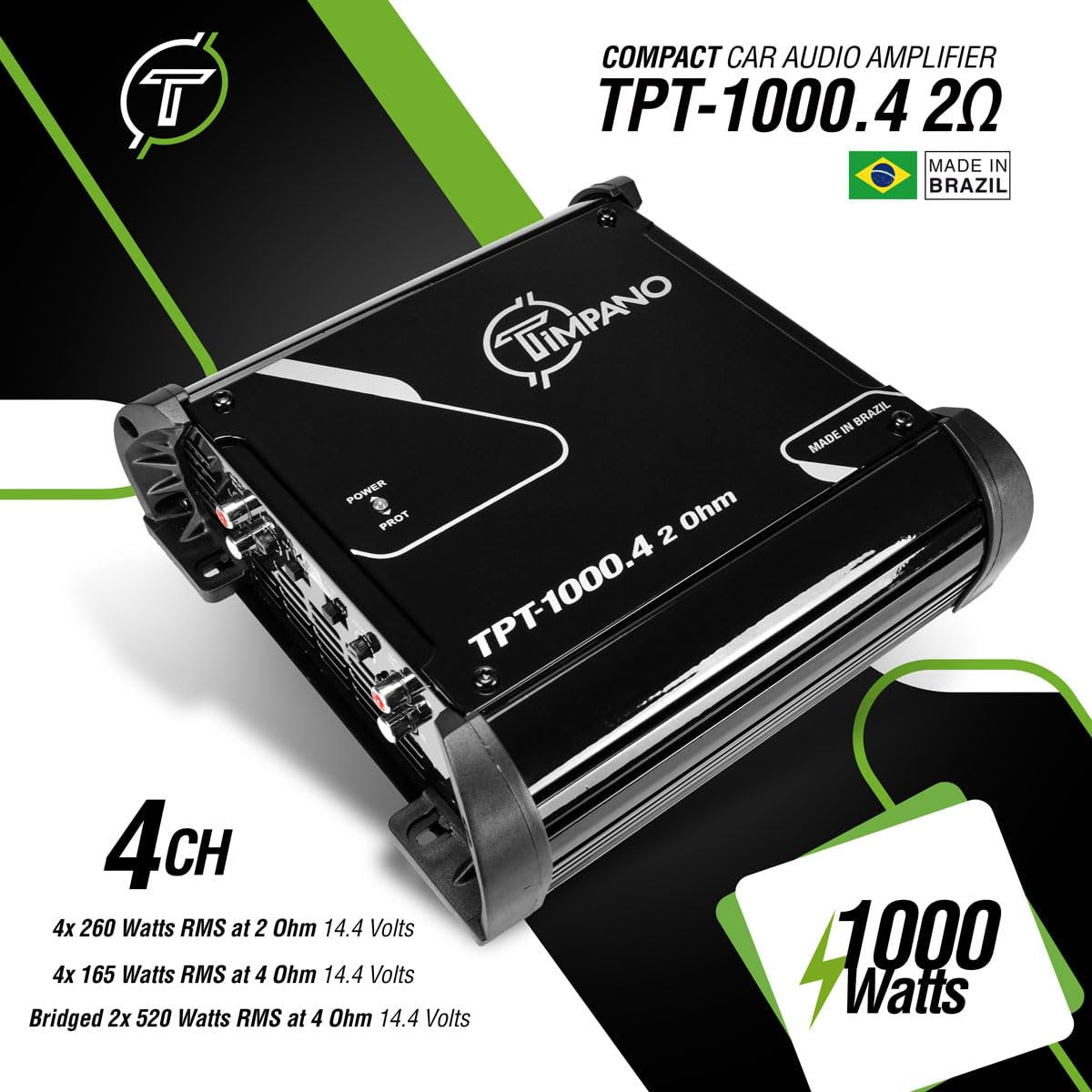 Timpano TPT-1000.4 Compact 4 Channel Car Audio Amplifier – 4 x 260 Watts at 2 Ohms – High Power Stereo 12 Volts Full Range Class D Amp Bridgeable