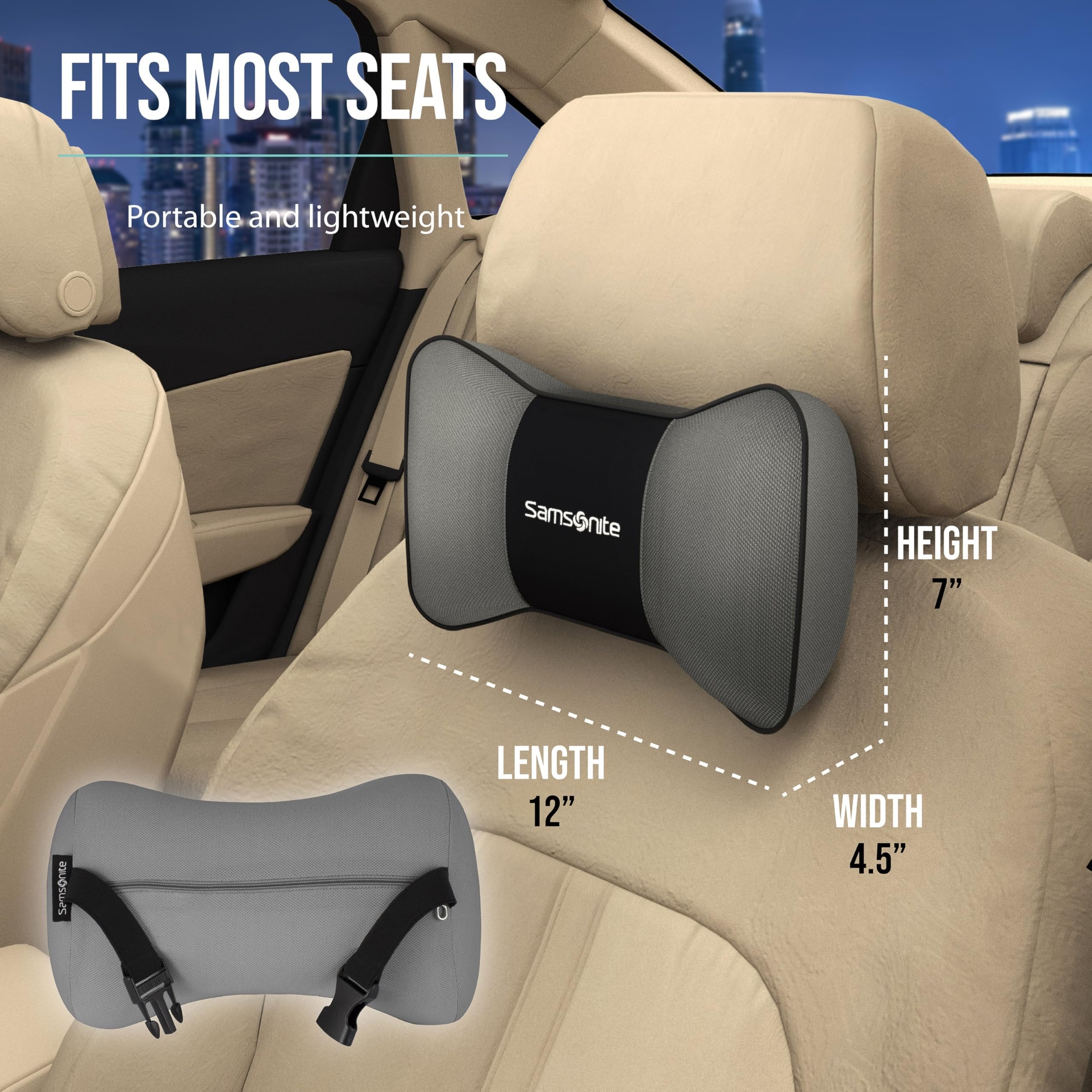 Samsonite Neck Pillow for Car – Ergonomic Memory Foam Headrest Cushion – Car Seat Support for Driving Comfort – Compact Neck Rest – Travel Pillow for Long Road Trips
