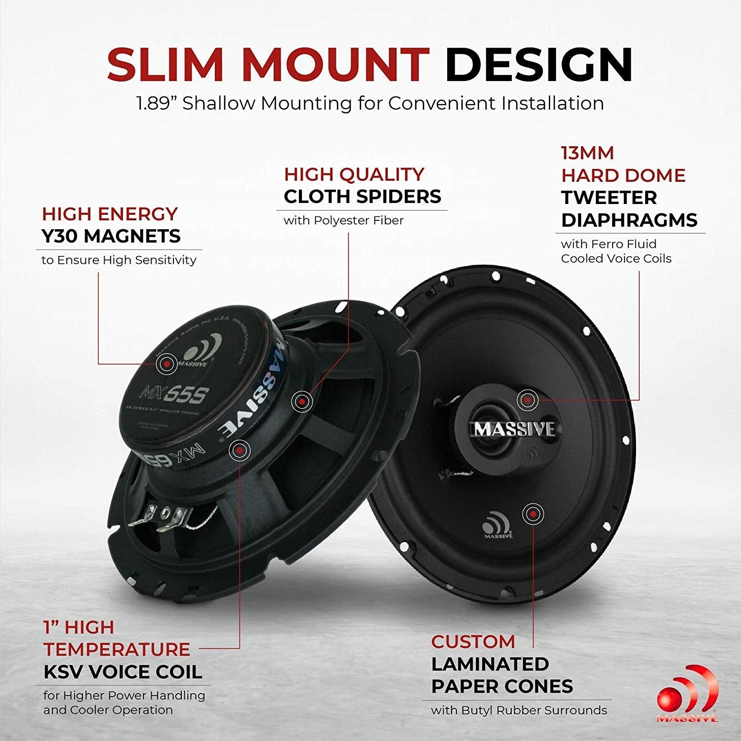 Massive Audio MX65S | 6.5 Inch, 100 Watts Max, 50 Watts RMS, MX Series Coaxial Speakers, 13mm Dome Ferro Fluid Tweeters, 1 “ High Temp Voice Coils, 12dB Crossovers, 4 Ohm (Sold AS Pair)