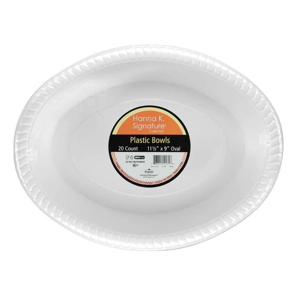 Kingzak White Plastic Oval Bowls - 11.5" x 9" (20-Pack) | Premium Heavyweight Tableware - Perfect for Parties, Weddings, and Events