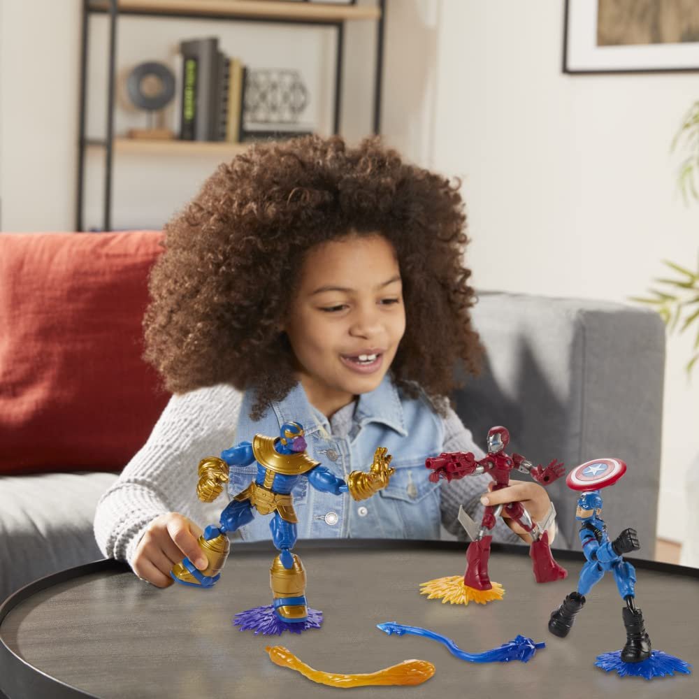 Hasbro Marvel Avengers Bend and Flex, Pack of 3 Flexible Figures with Iron Man, Captain America and Thanos, Includes 9 Accessories