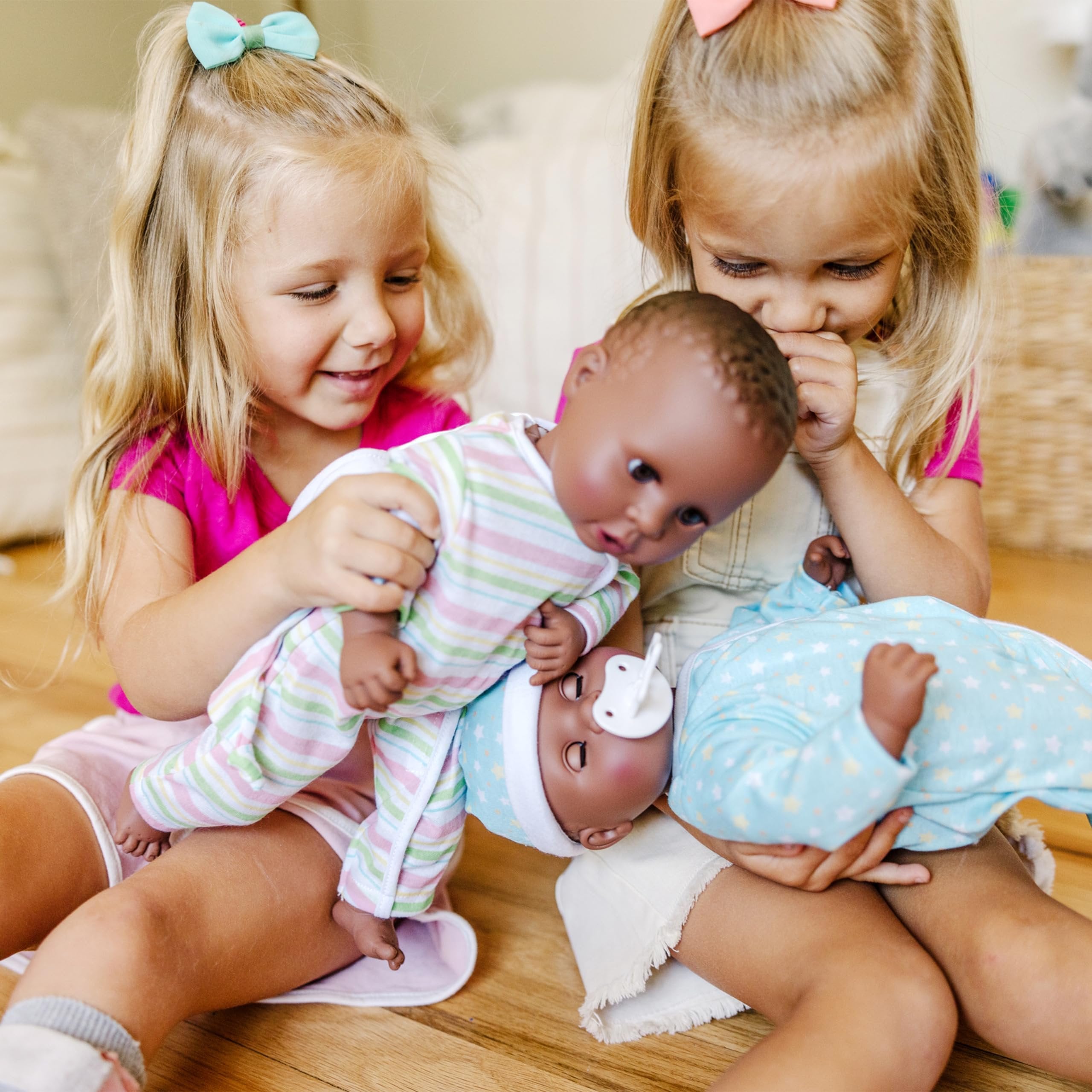 Melissa & Doug Mine to Love Twins Tyler & Taylor 15” Dark Skin-Tone Boy and Girl Baby Dolls with Rompers, Caps, Pacifiers