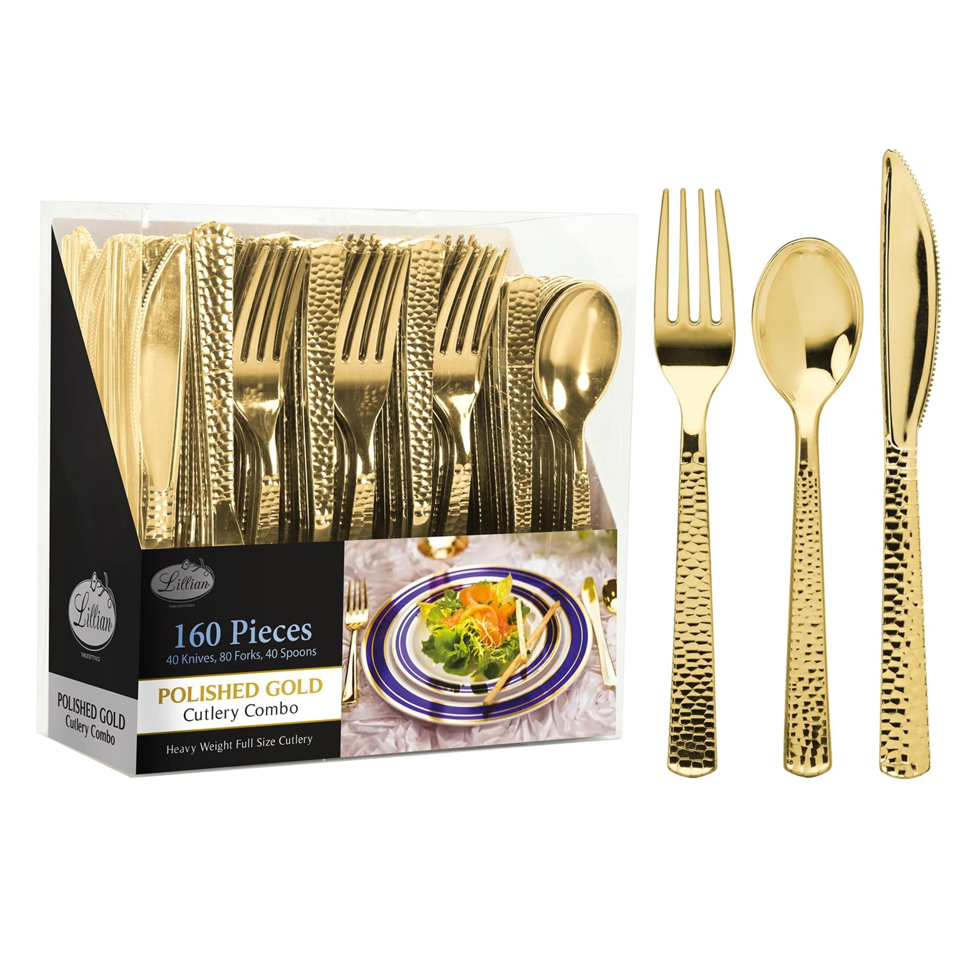 Plastic Cutlery Silverware Extra Heavyweight Disposable Flatware, Full Size Cutlery Combo, Gold Pebbled, 80 Forks, 40 Spoons, 40 Knifes, Value Pack 160 Count