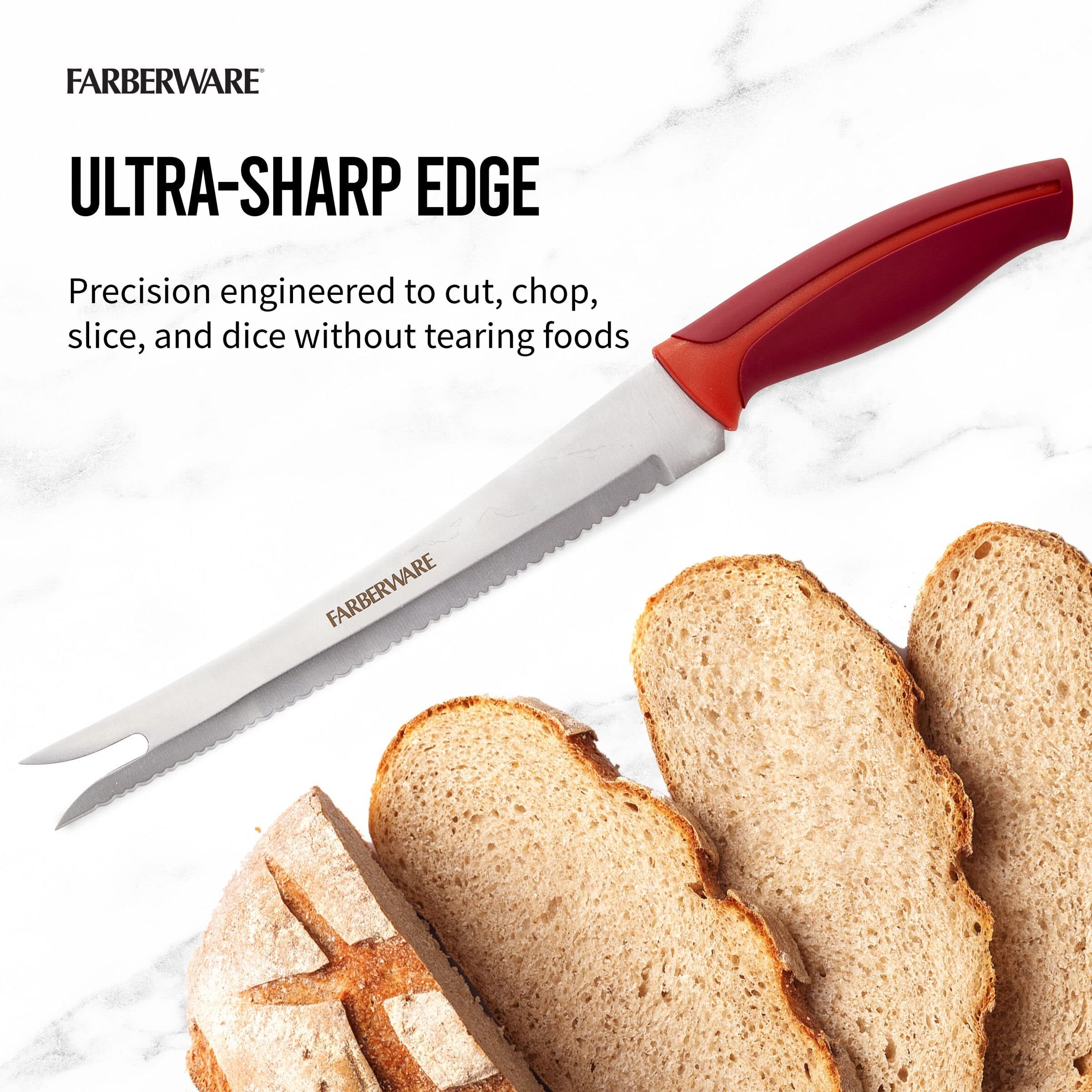 Farberware Slice Bread Knife Ultra-Sharp Serrated Blade, Ergonomic Soft-Grip Handle, Ideal for Precise Cutting, 8 inch, Maroon