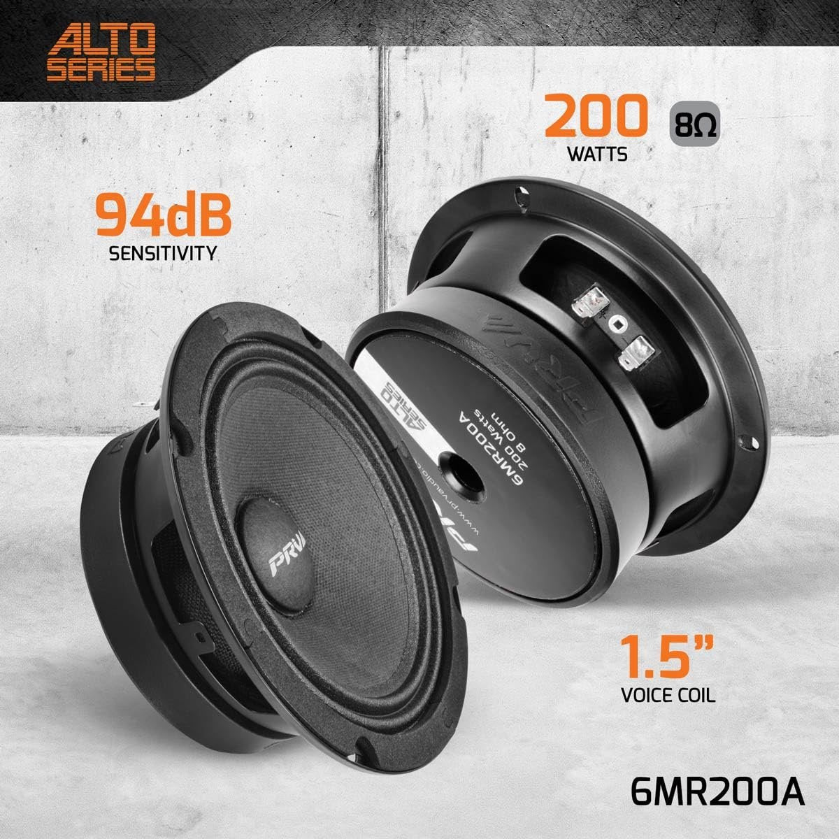 PRV AUDIO 6.5 Inch Shallow Midrange Speaker, 6MR200A, 200 Watts, 8 Ohm Shallow Mount Car Audio Slim Speaker, 1.5 in Voice Coil, Compact for Doors (Single)