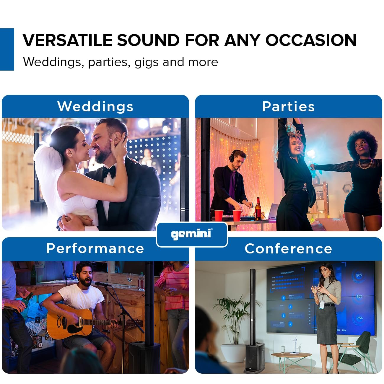 Gemini Sound WPX-2000 Active Column Line Array Speaker 1200W Peak Power Portable PA, Bluetooth, TWS Link, Adjustable Reverb, High-Fidelity Neodymium Drivers for DJs, Parties, Live Performances