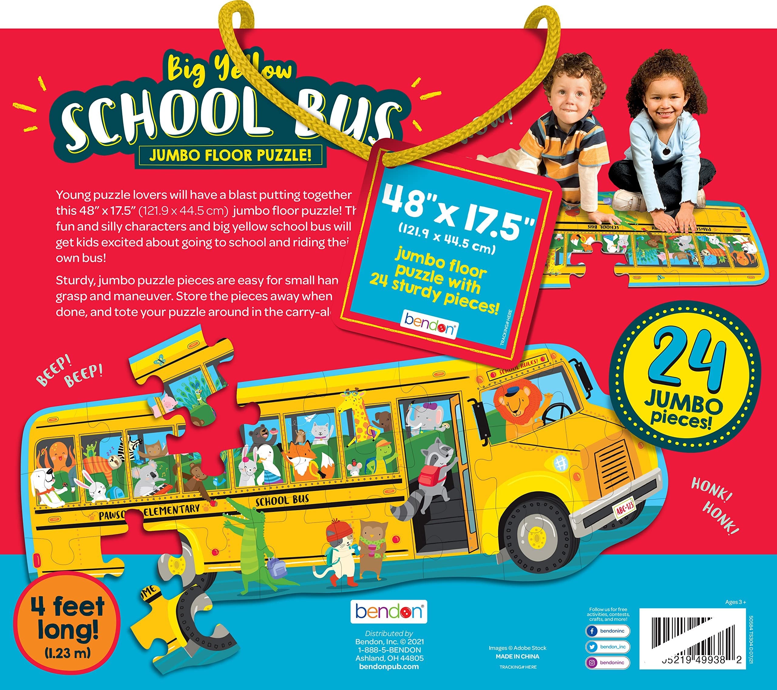 Bendon School Bus Shaped Jumbo Jigsaw Floor Puzzle (24 pcs, 4 feet Long) - Kids Vehicle Puzzles, Large Floor Puzzles for Preschoolers and Kids Ages 3+