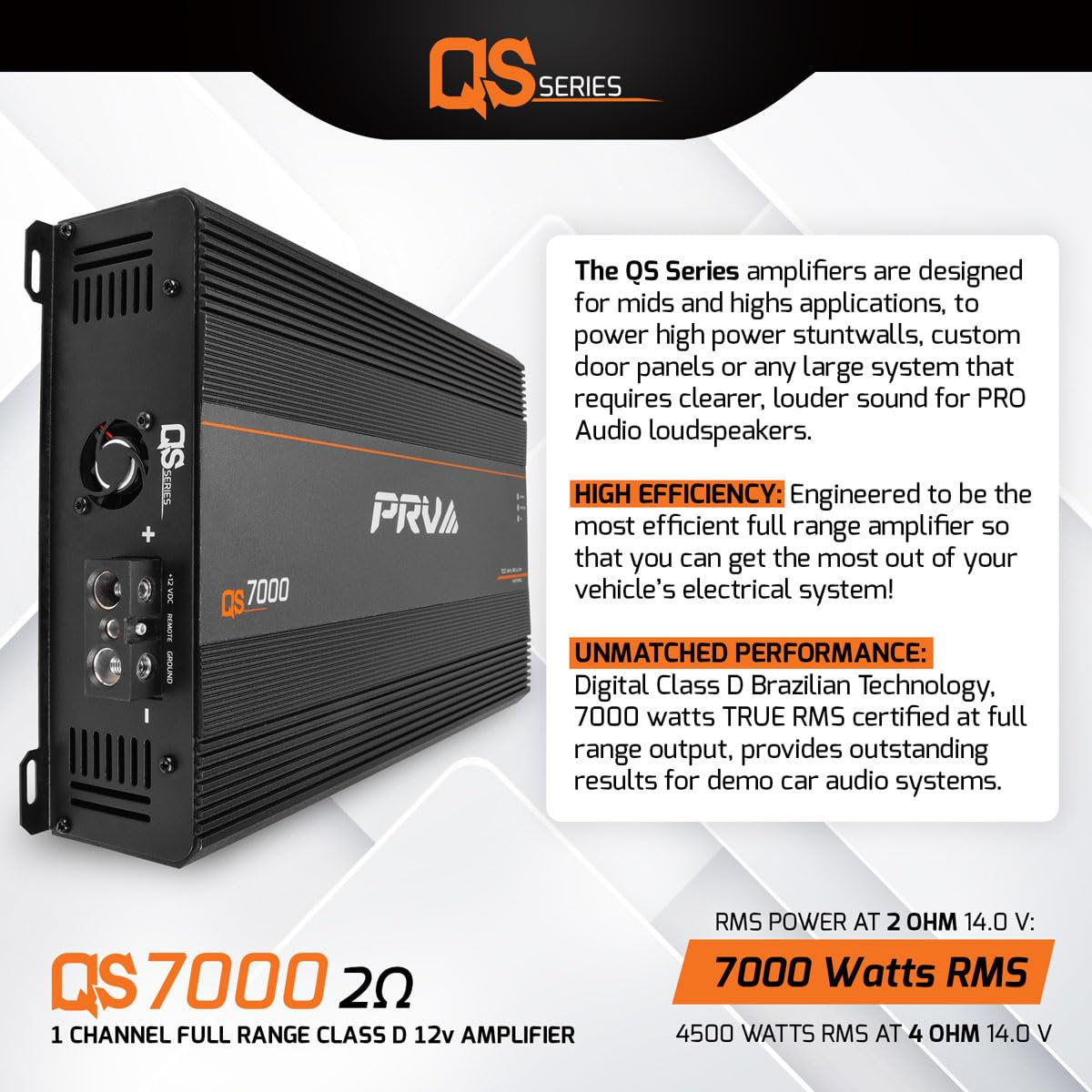 PRV Audio QS7000.2 QS Series Full Range Amplifier Compact 1 Channel Pro Loudspeakers Car Audio Amp 7000 Watts RMS at 2 Ohm