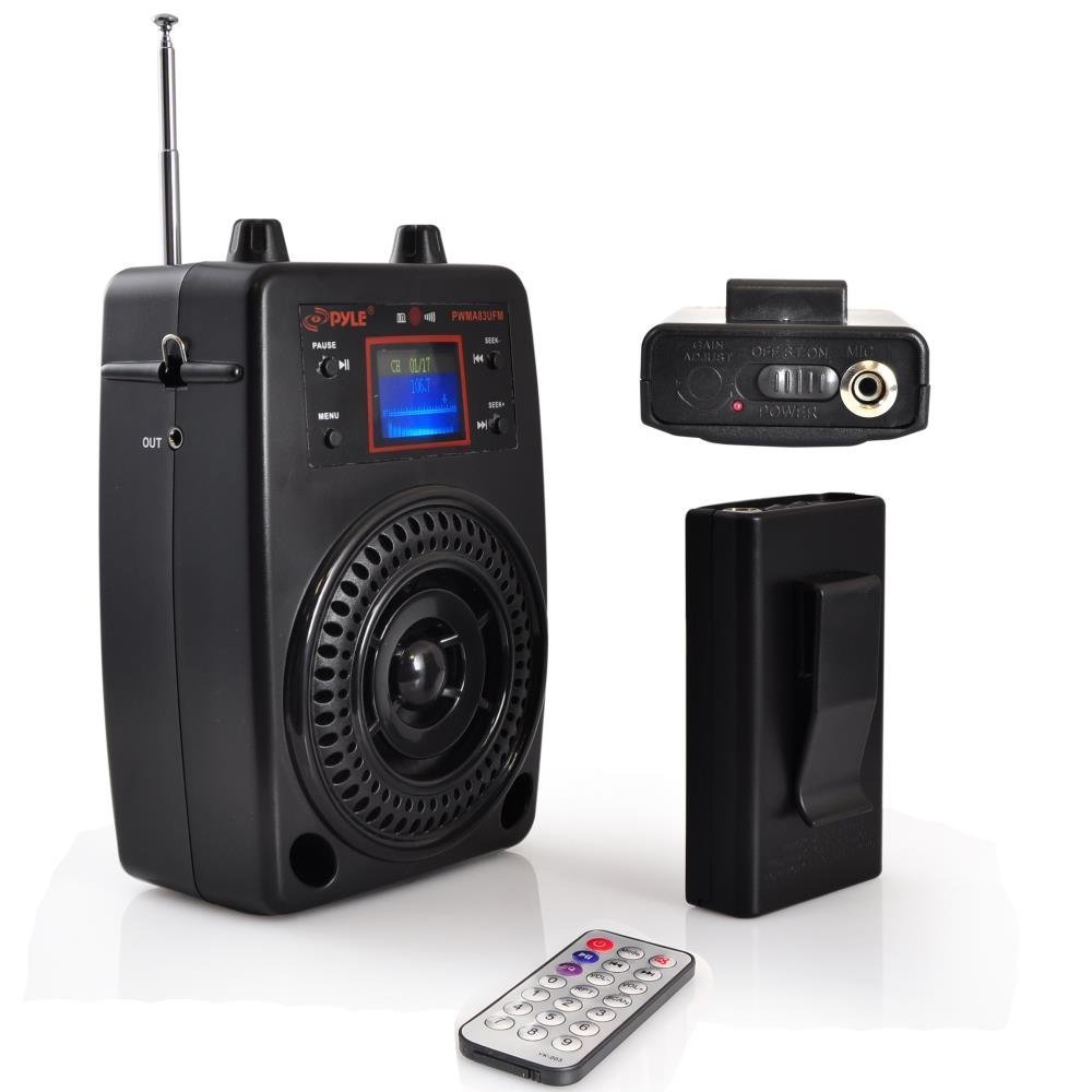 Pyle Portable PA System, Wireless Microphone Kit, Compact Stereo System, FM Radio, LCD Display, USB, Rechargeable Battery, includes Lavalier Microphone Headset, Outdoor Surround Sound (PWMA83UFM)