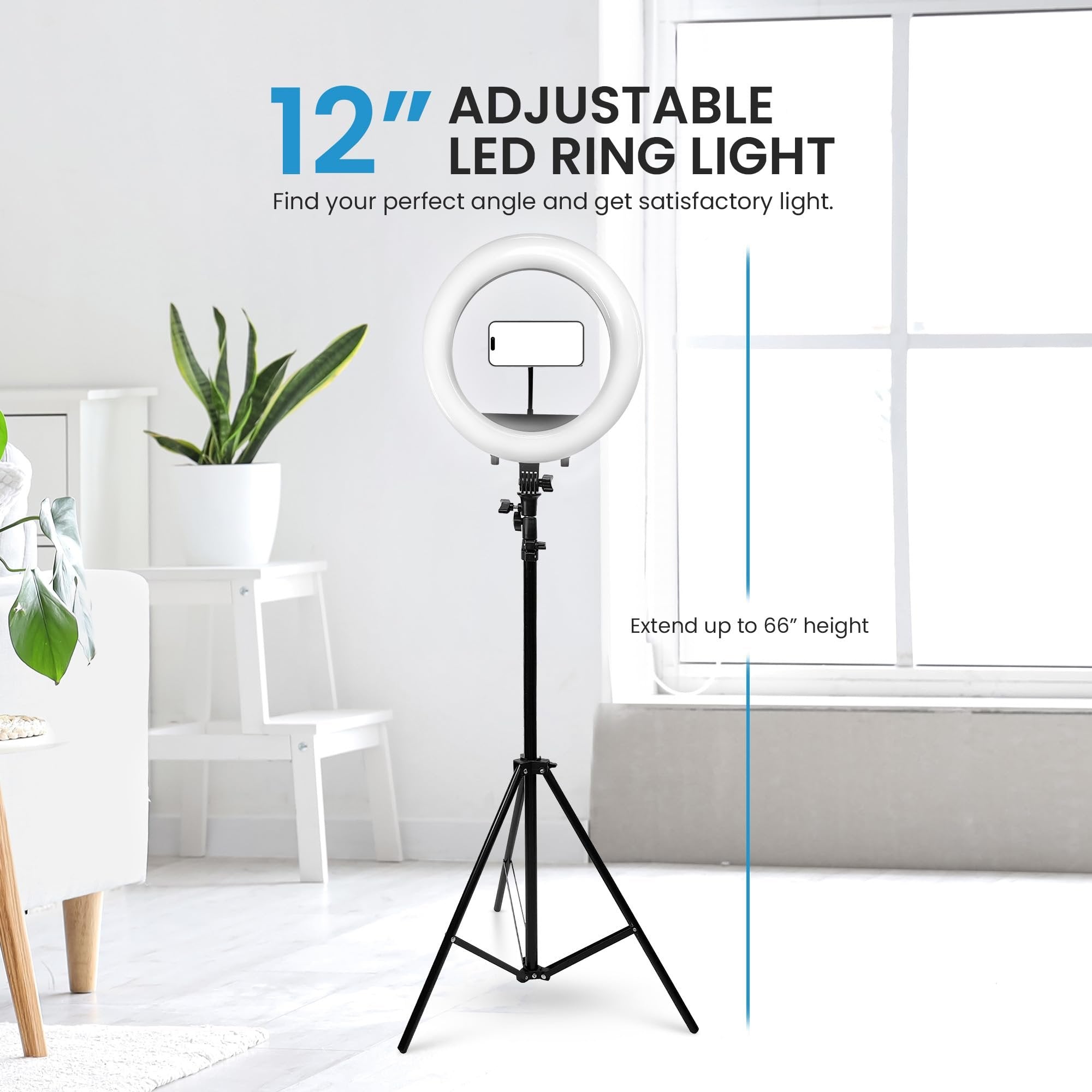 iDance LED Ring Light with Cell Phone Holder, 12", USB Powered with Bluetooth Remote Control and Foldable Adjustable Tripod Stand, Selfie, Makeup Ring Light with Universal iPad Mini Holder