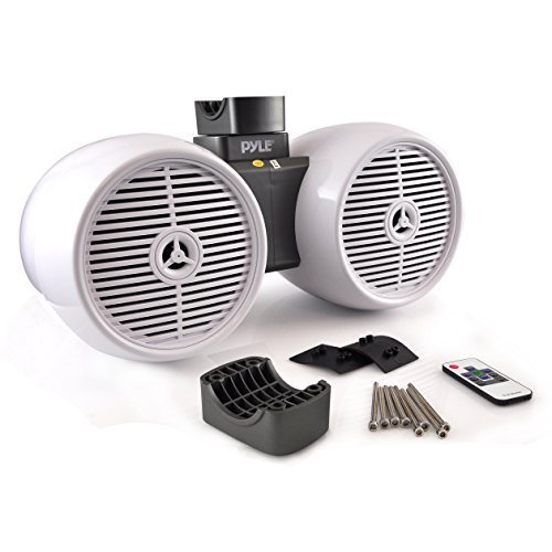 Pyle Marine Wakeboard Tower Speakers - Waterproof 6.5” Dual Subwoofer Speaker Set & 1.0” Tweeters, LED Lights and 400 Watt Power - 2-Way Boat Audio System w/Mounting Bracket-PLMRWB852LEW (White)