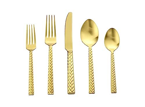 Godinger 20-Piece Flatware Set - Dinner Forks, Salad Forks, Tea Spoons, Tablespoons, and Knives - 18/0 Stainless Steel in Luxurious Satin Gold Finish