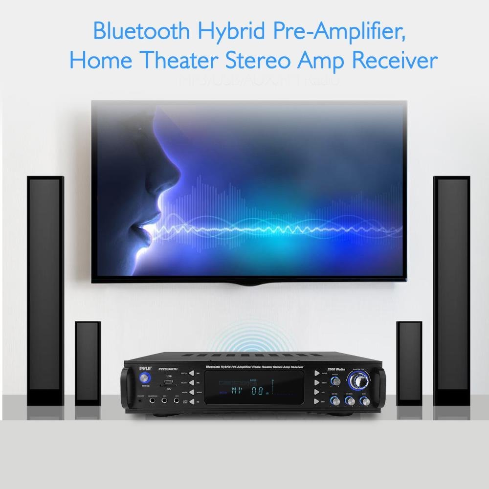 Pyle 4-Channel Bluetooth Home Power Amplifier - 2000 Watt Audio Stereo Receiver w/ Speaker Selector, AM FM Radio, USB/ SD Card Reader, Karaoke Microphone Input - Home Entertainment System