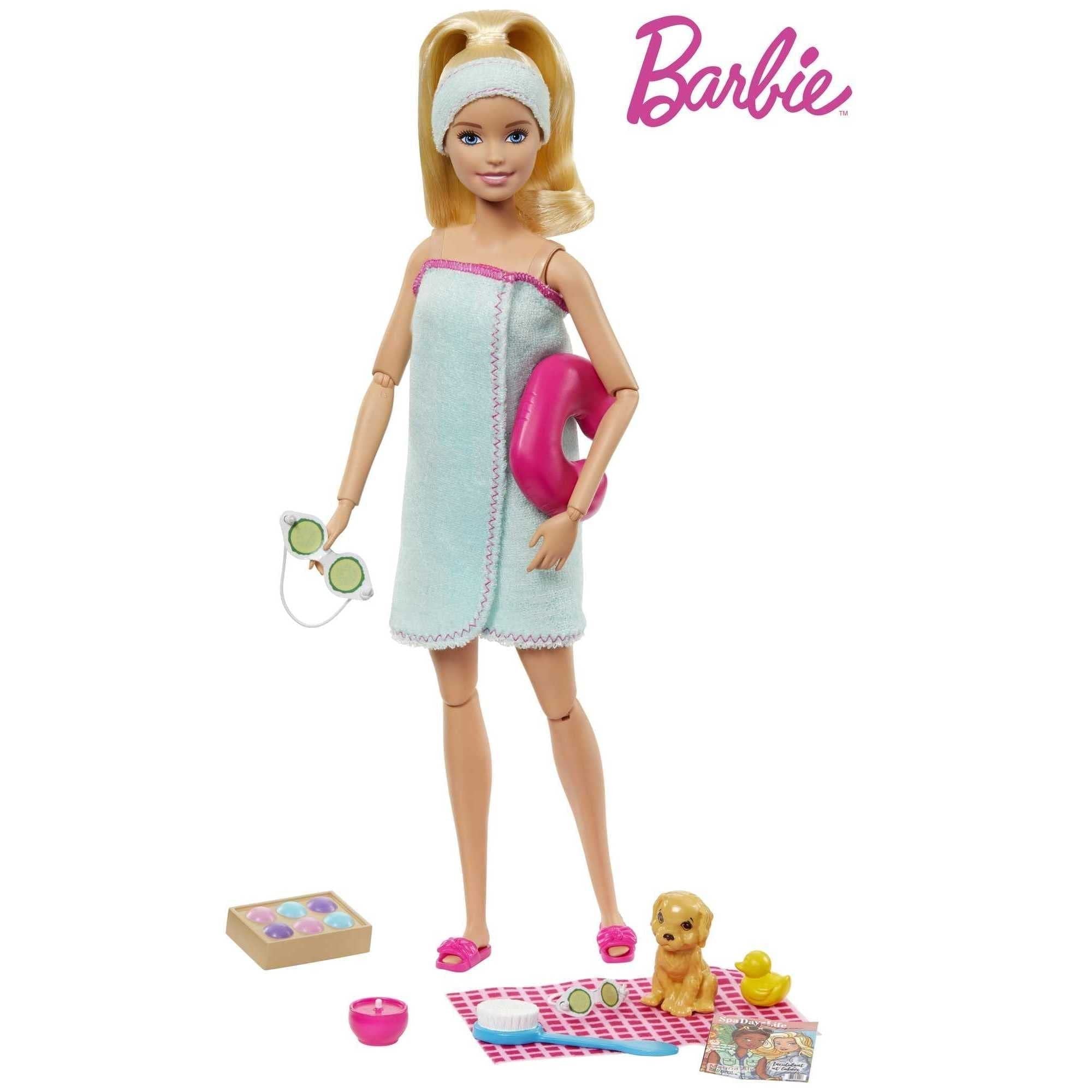 Barbie Spa Doll & Playet with Puppy & 9 Accessories Including Rubber Duck & Cucumber Eye Masks, Blonde Fashion Doll in Wrap Towel