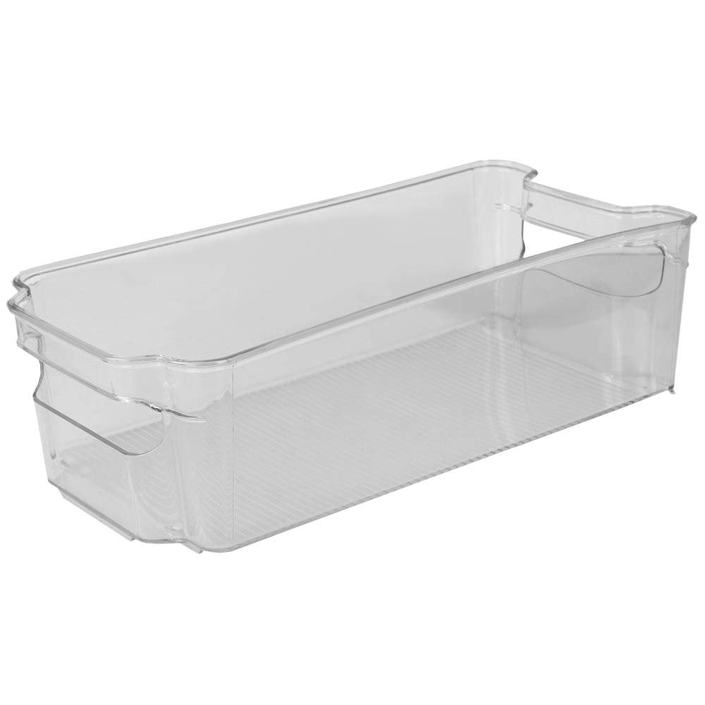 Home Basics Plastic Fridge Bin with Handle - Stackable Storage Refrigerator Organizer Bins Fridge, Freezer, Pantry and Kitchen, Clear (4, MEDIUM)