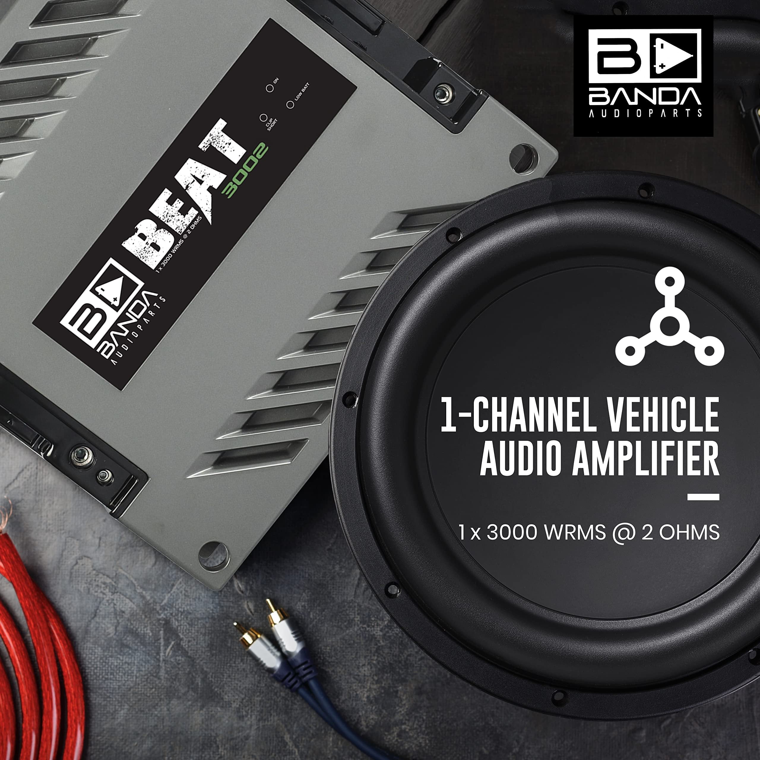 Banda 1-Channel Vehicle Audio Amplifier - 3000 Watts High-Powered Mono Bass Amplifier w/Subsonic Filter and Low Pass Filter Stable at 2 ohms, LED Indicators, Sound Specialization BEAT3002