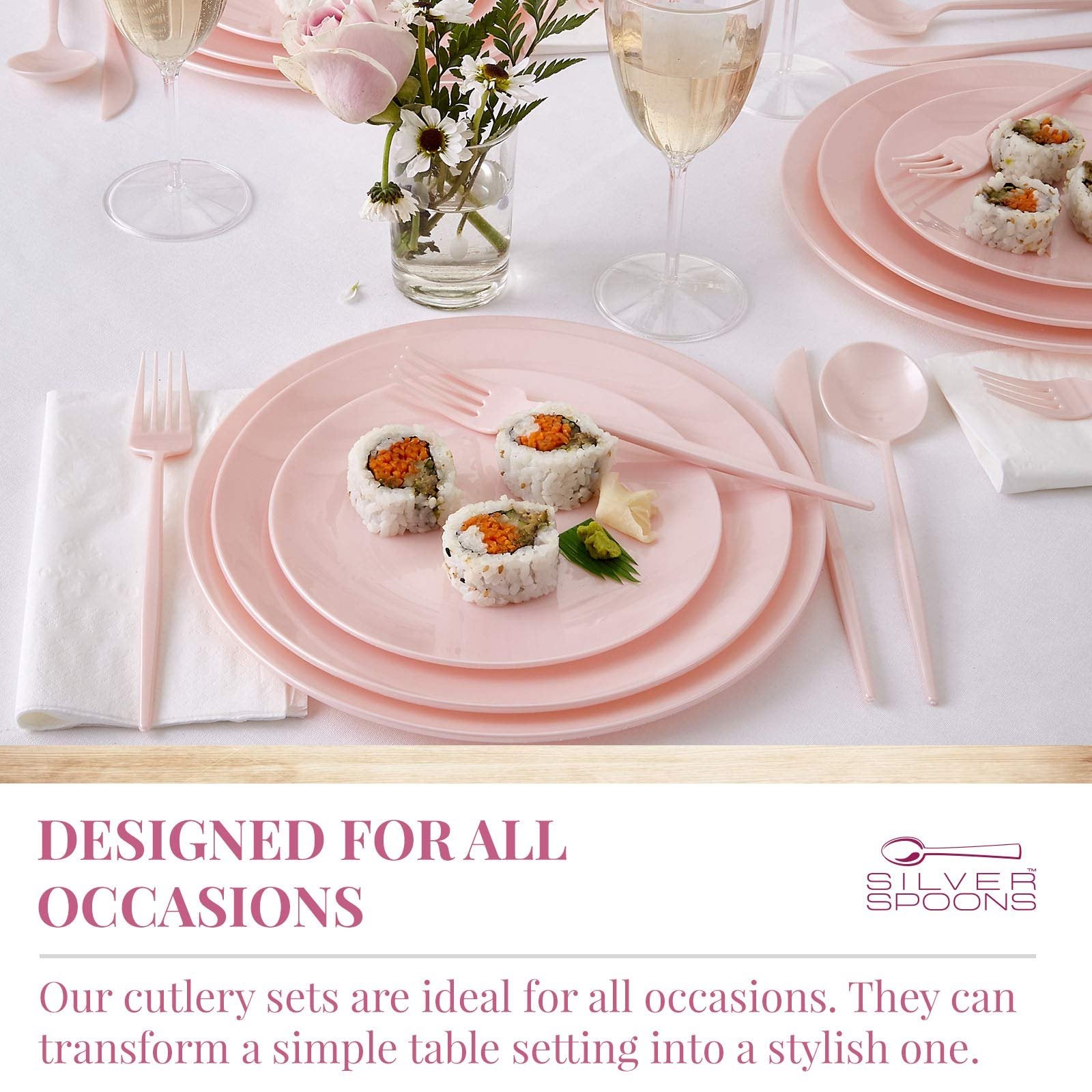 SILVER SPOONS Pink Disposable Cutlery (80 PC) Heavy Duty Plastic Silverware Set, Includes: 40 Salad Forks, 20 Soup Spoons and 20 Dinner Knives, Disposable Flatware for Upscale Wedding and Dining