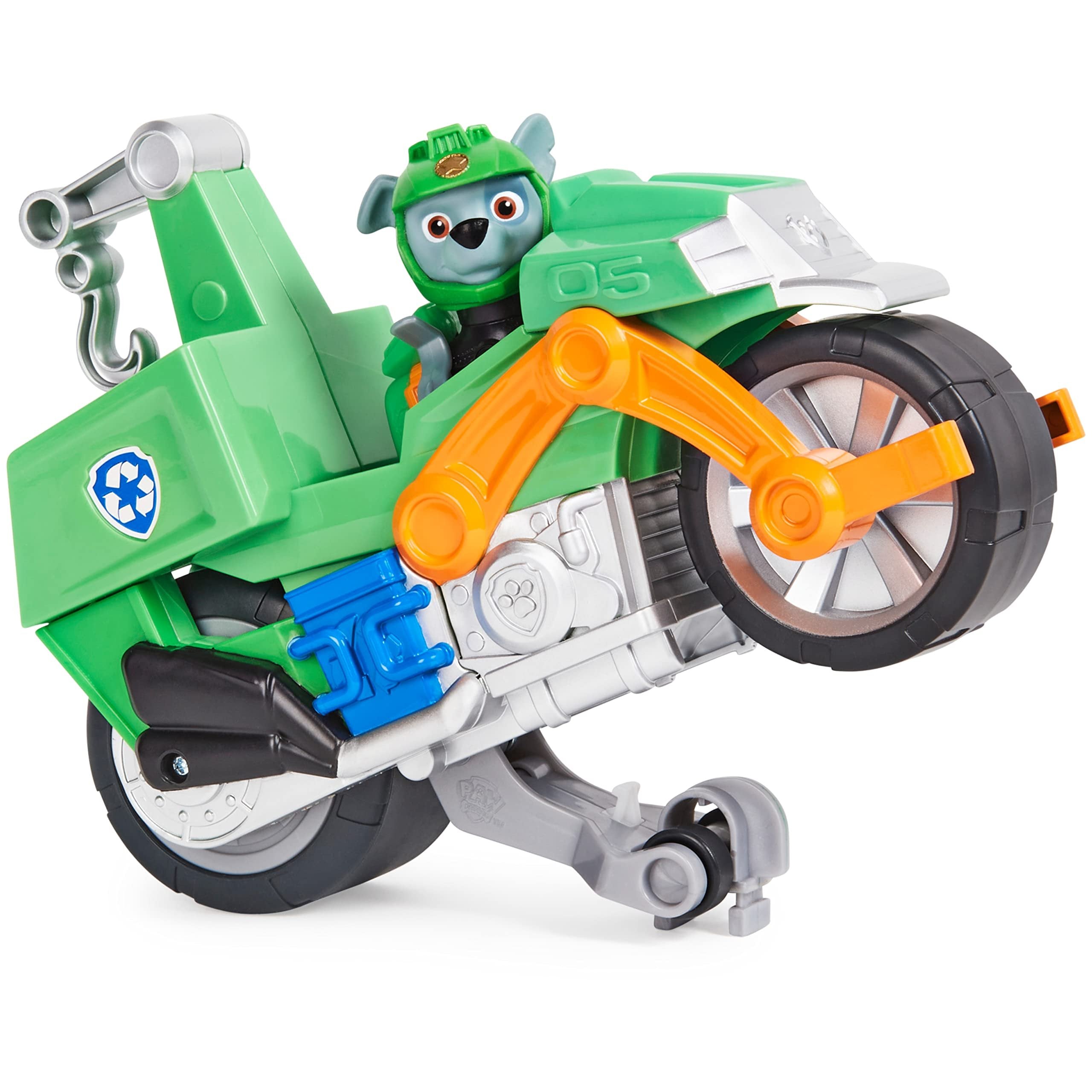 Paw Patrol, Moto Pups Rocky’s Deluxe Pull Back Motorcycle Vehicle with Wheelie Feature and Toy Figure
