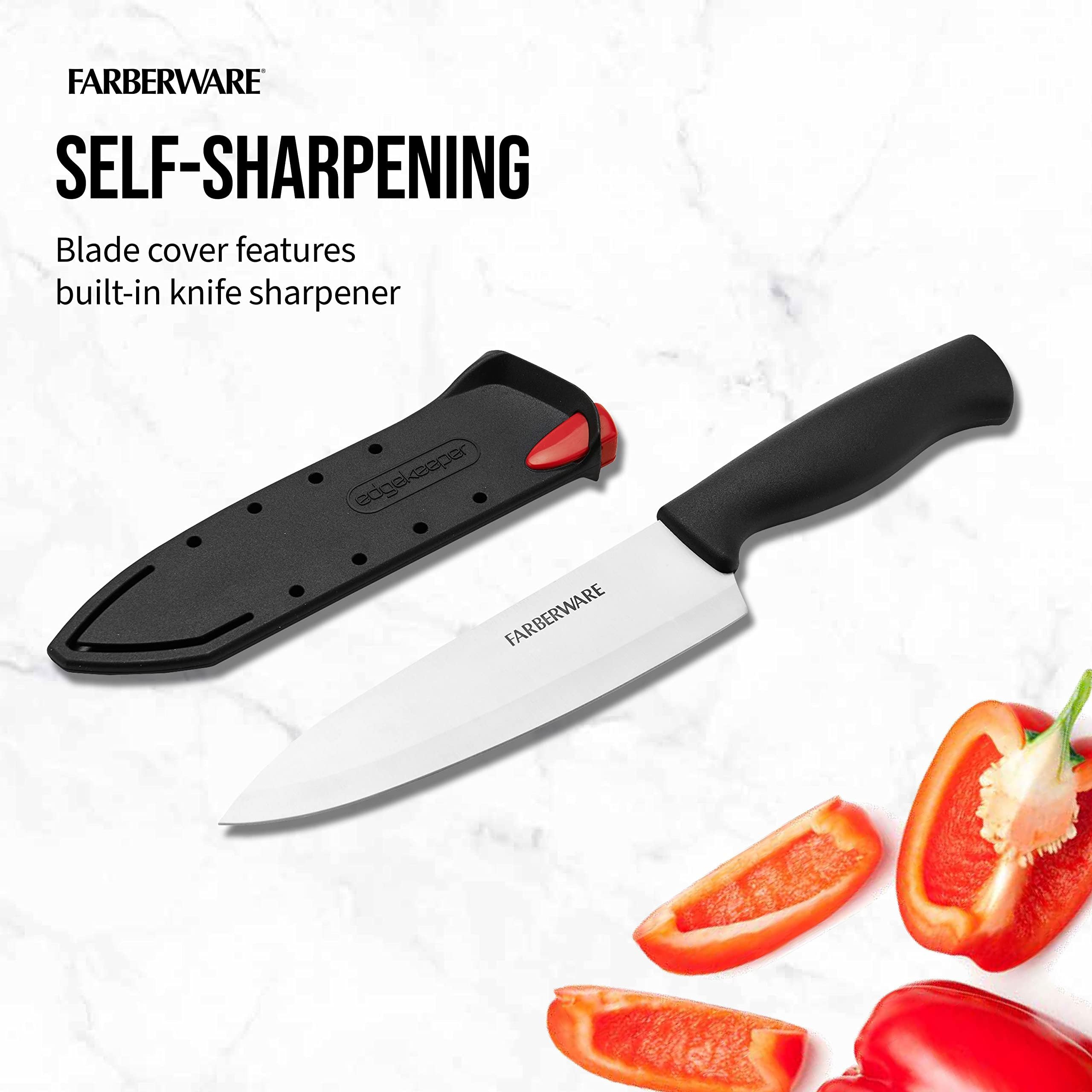 Farberware Edgekeeper 6-Inch Chef Knife with Self-Sharpening Blade Cover, High Carbon-Stainless Steel Kitchen Knife with Ergonomic Handle, Razor-Sharp Knife, Black
