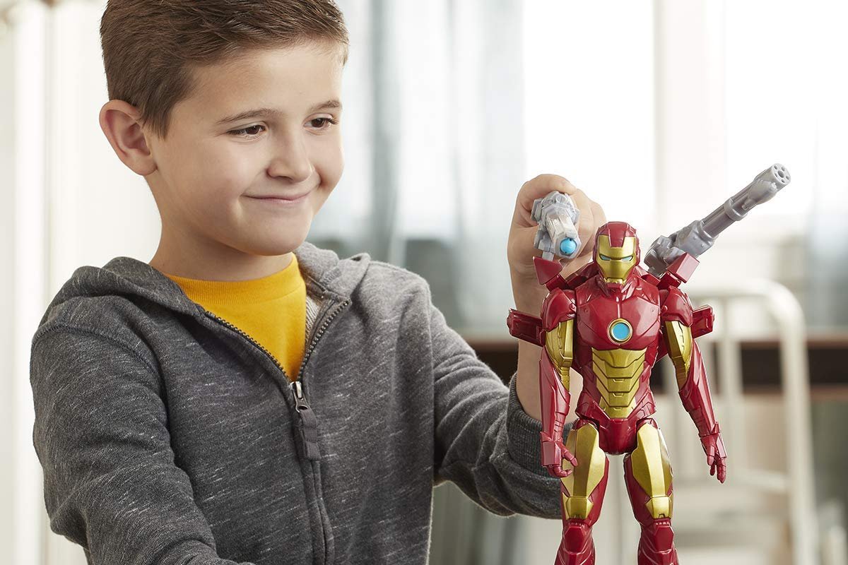 Avengers Marvel Titan Hero Series Blast Gear Iron Man Action Figure, 12-Inch Toy, with Launcher, 2 Accessories and Projectile, Ages 4 and Up, Red