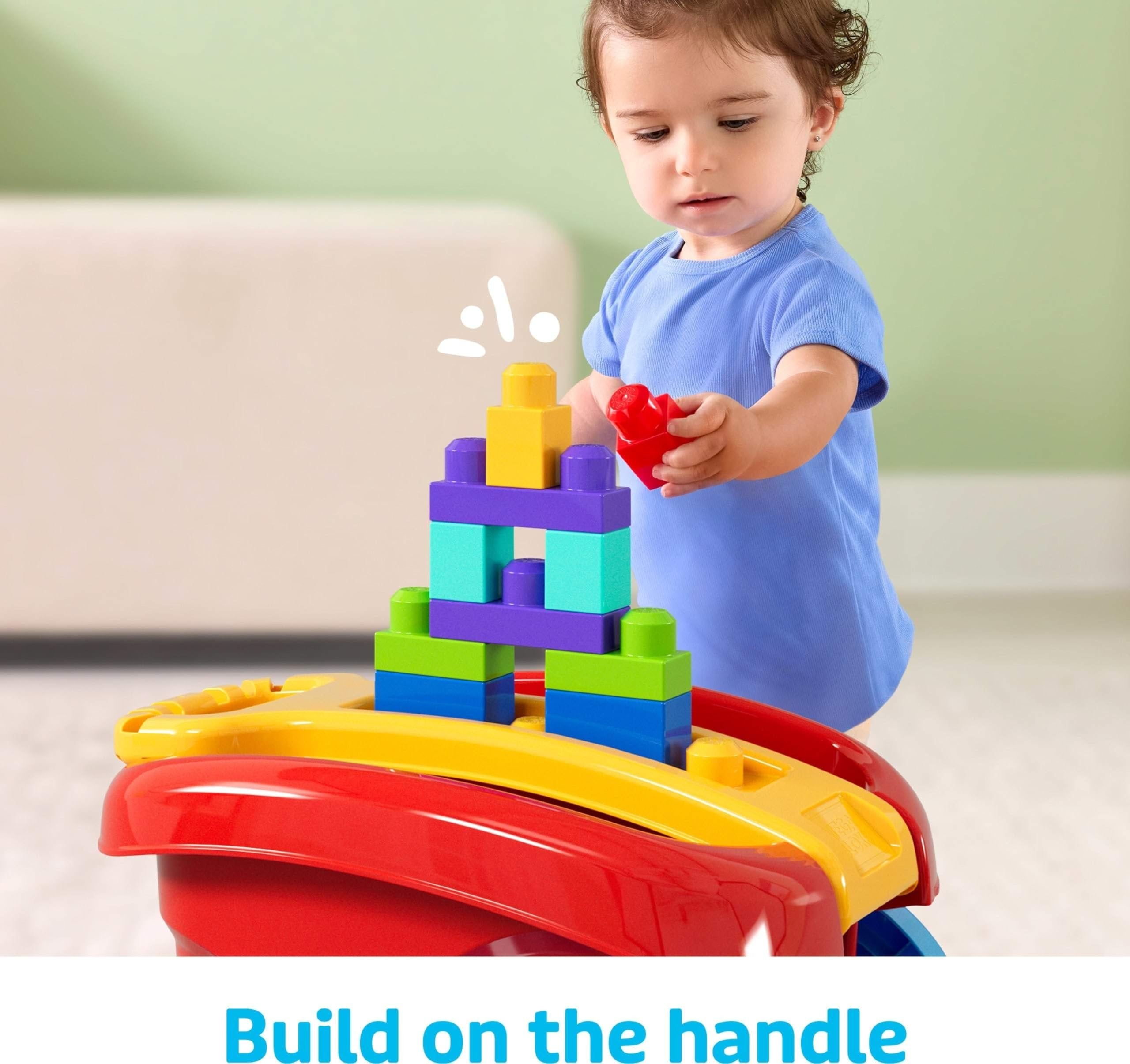 MEGA BLOKS First Builders Toddler Building Toy, Block Scooping Pull Wagon with 20 Pieces and Built-in Storage, Picks Up Blocks, Red, Kids Ages 1+