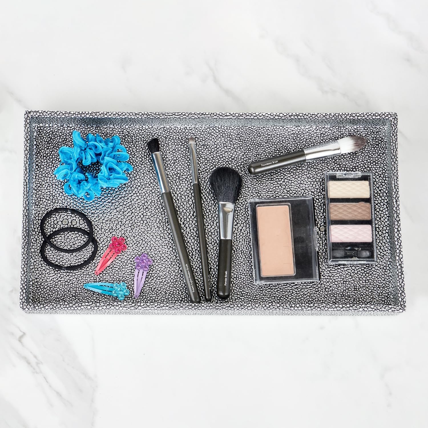 Home Basics Plastic Vanity Tray for Jewelry, Make up, Perfume, Cosmetics, Bathroom or Dresser Organizer, (Silver Texture)