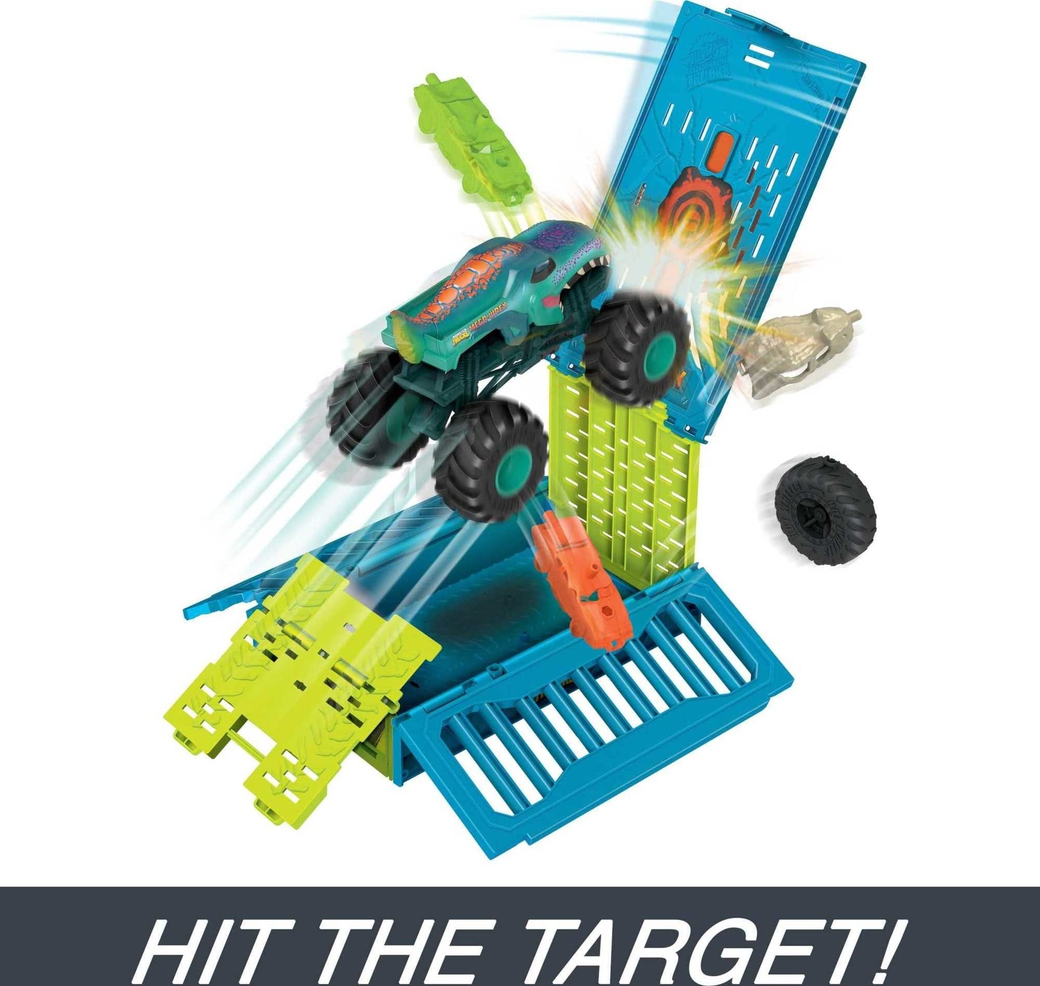 Hot Wheels Toy Monster Trucks 1:24 Scale Mega-Wrex in a Crash Cage, Oversized Storage Case Transforms into Stunting Area with 4 Crushable Accessories