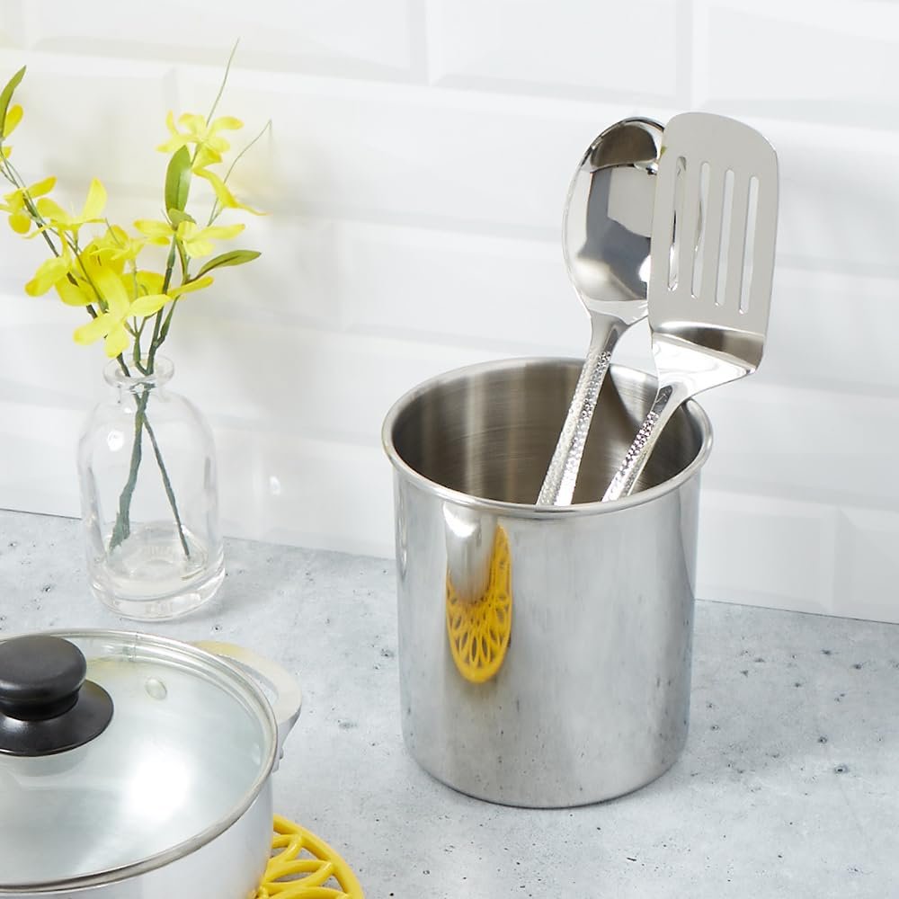 Stainless Steel Utensil Set with Elegant Hammered Finish by Home Basics | Includes Slotted Turner and Serving Spoon Set | Hanging Hole for Easy Storage